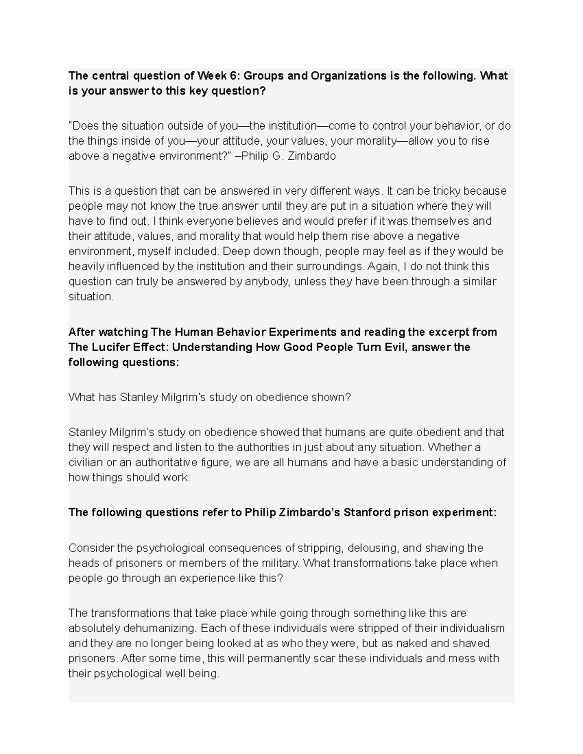 SOC 101 Guided Reading Questions Week Six The central question of