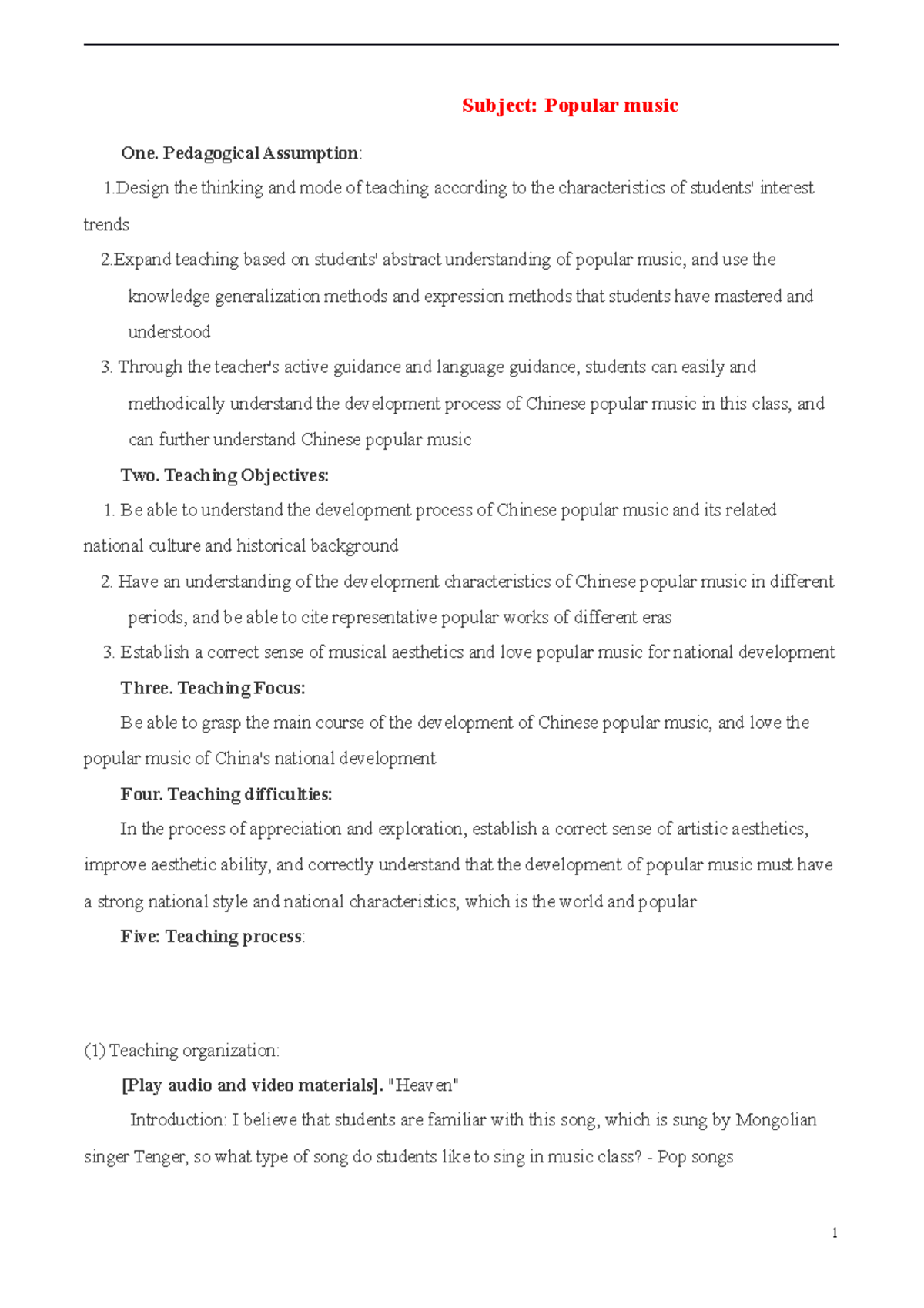 Subject Popular Music Subject Popular Music One Pedagogical