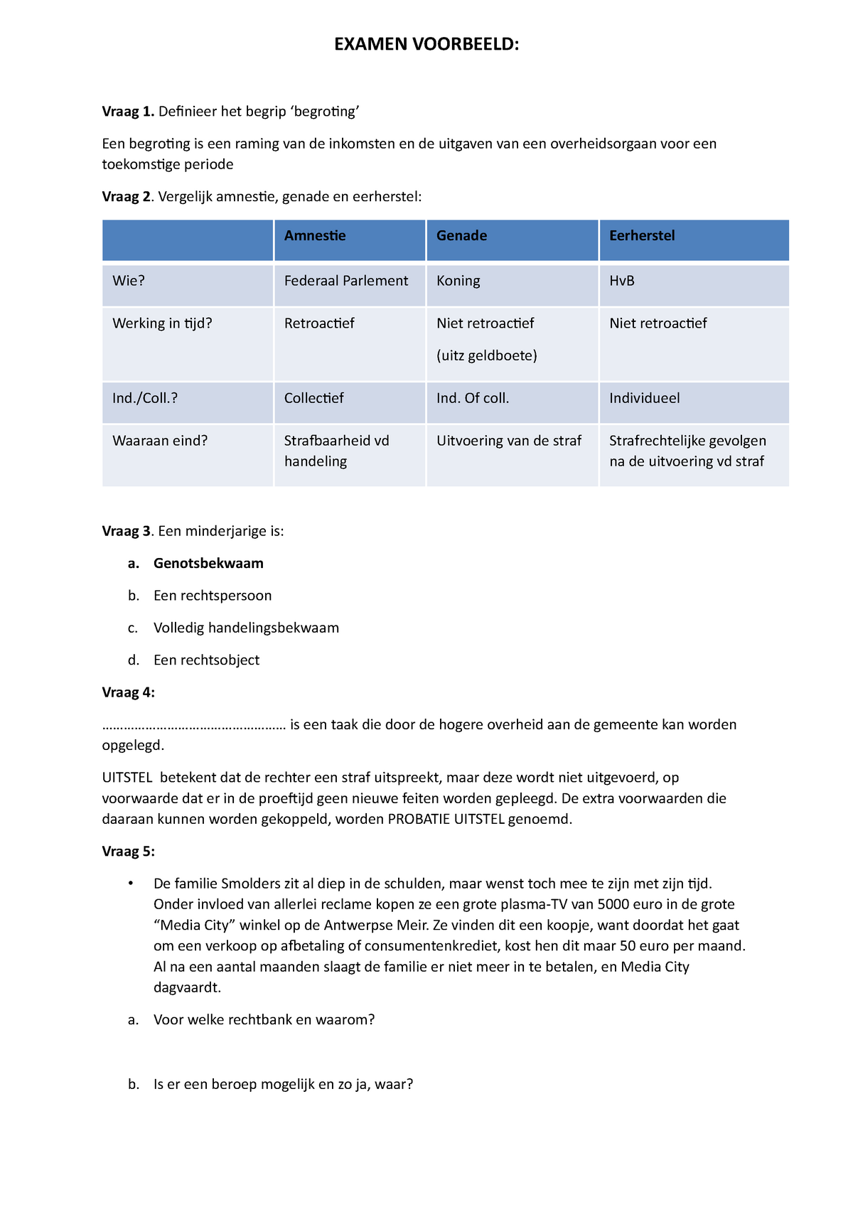 Examen Voorbeeld - EXAMEN VOORBEELD: Vraag 1. Definieer Het Begrip ...