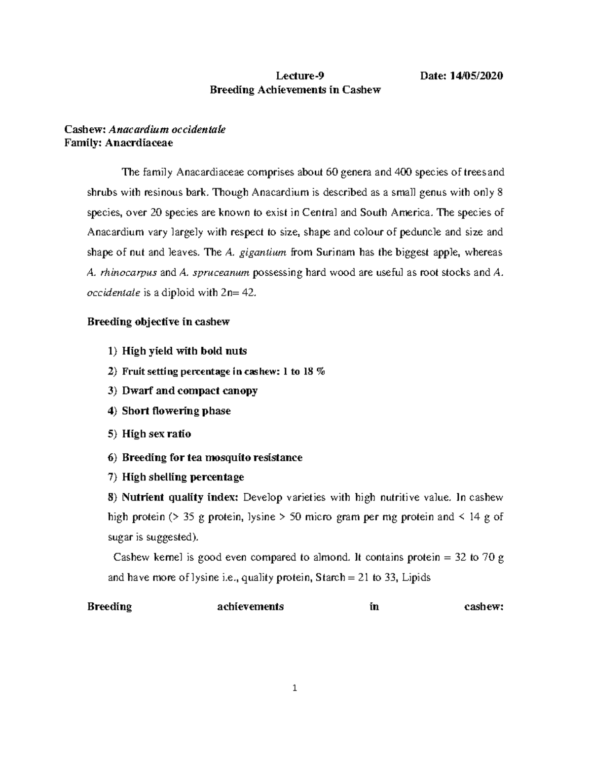 CROP Improvement IN Cashew - Lecture-9 Date: 14/05/ Breeding ...