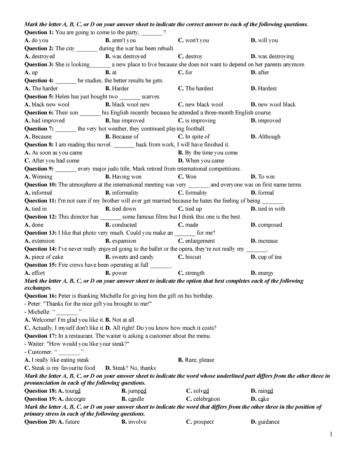 De 15 - TEST - Mark the letter A, B, C, or D on your answer sheet to ...