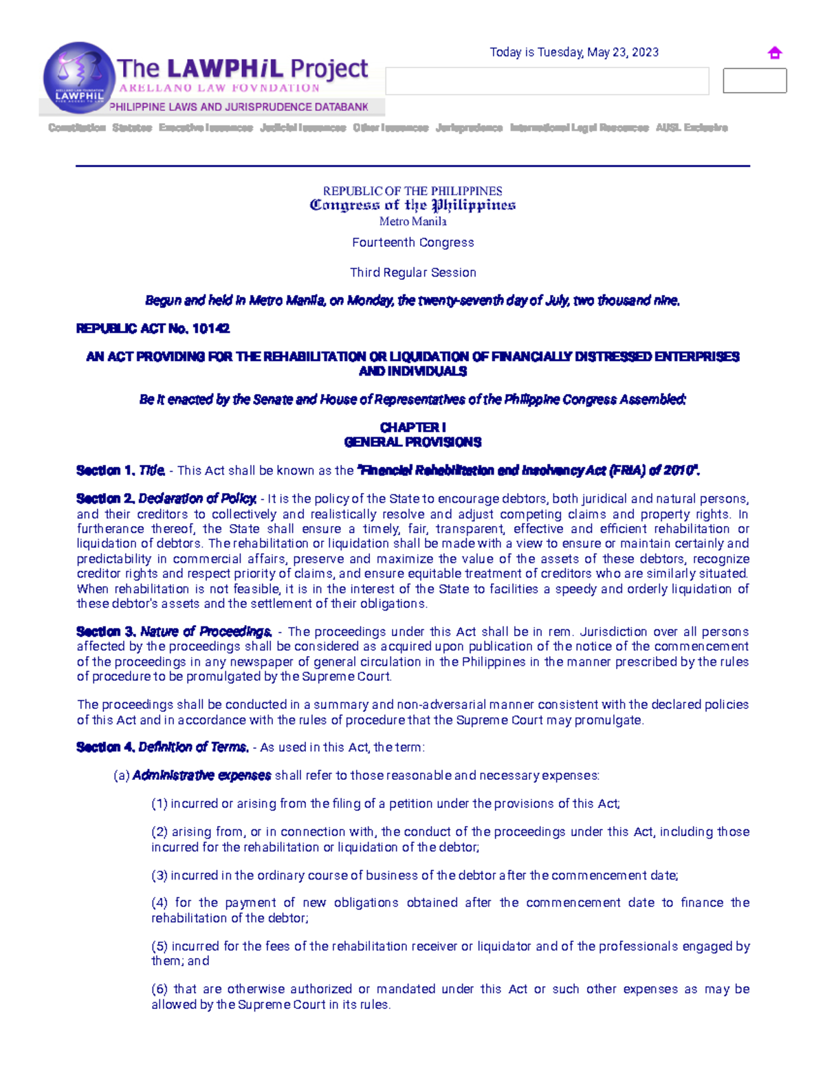 R.A. No Republic Act Constitution Statutes Executive Issuances