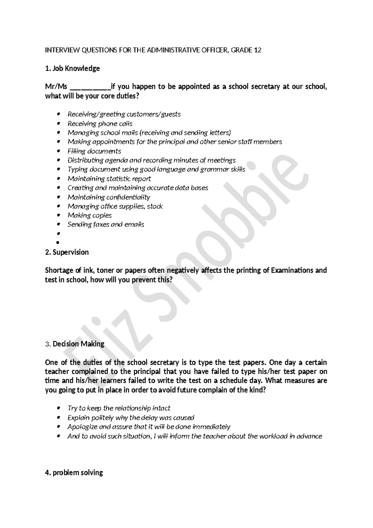 Admin questions - Summary bachelors of law - INTERVIEW QUESTIONS FOR ...