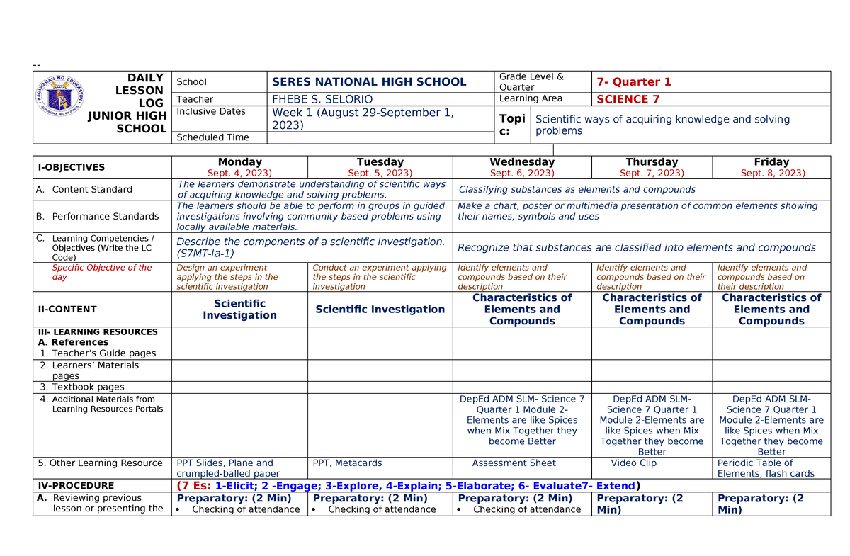 DLL Science 7 Q1 W2 Sept 4-8, 2023 - DAILY LESSON LOG JUNIOR HIGH ...