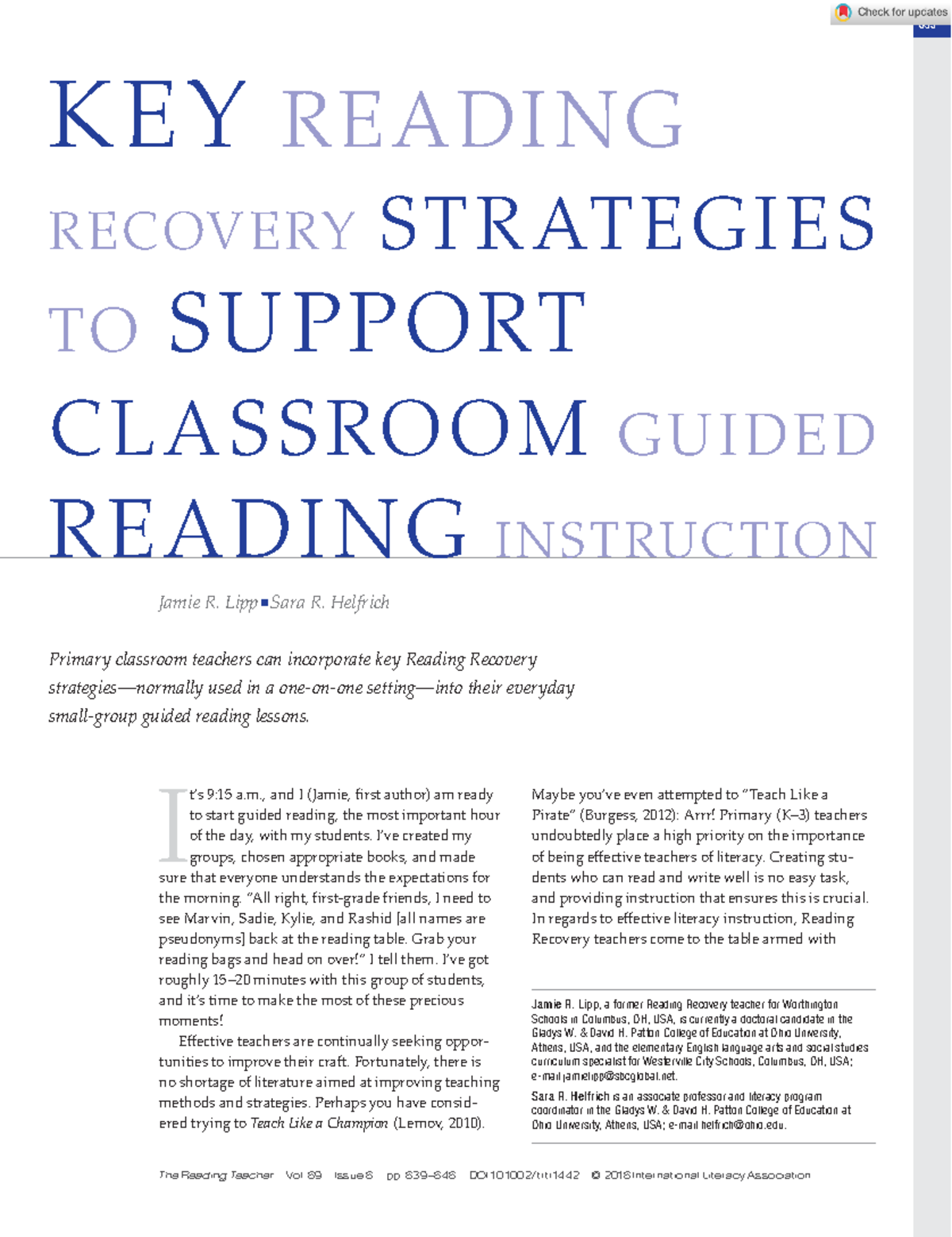 The Reading Teacher 2016 Lipp Key Reading Recovery Strategies to