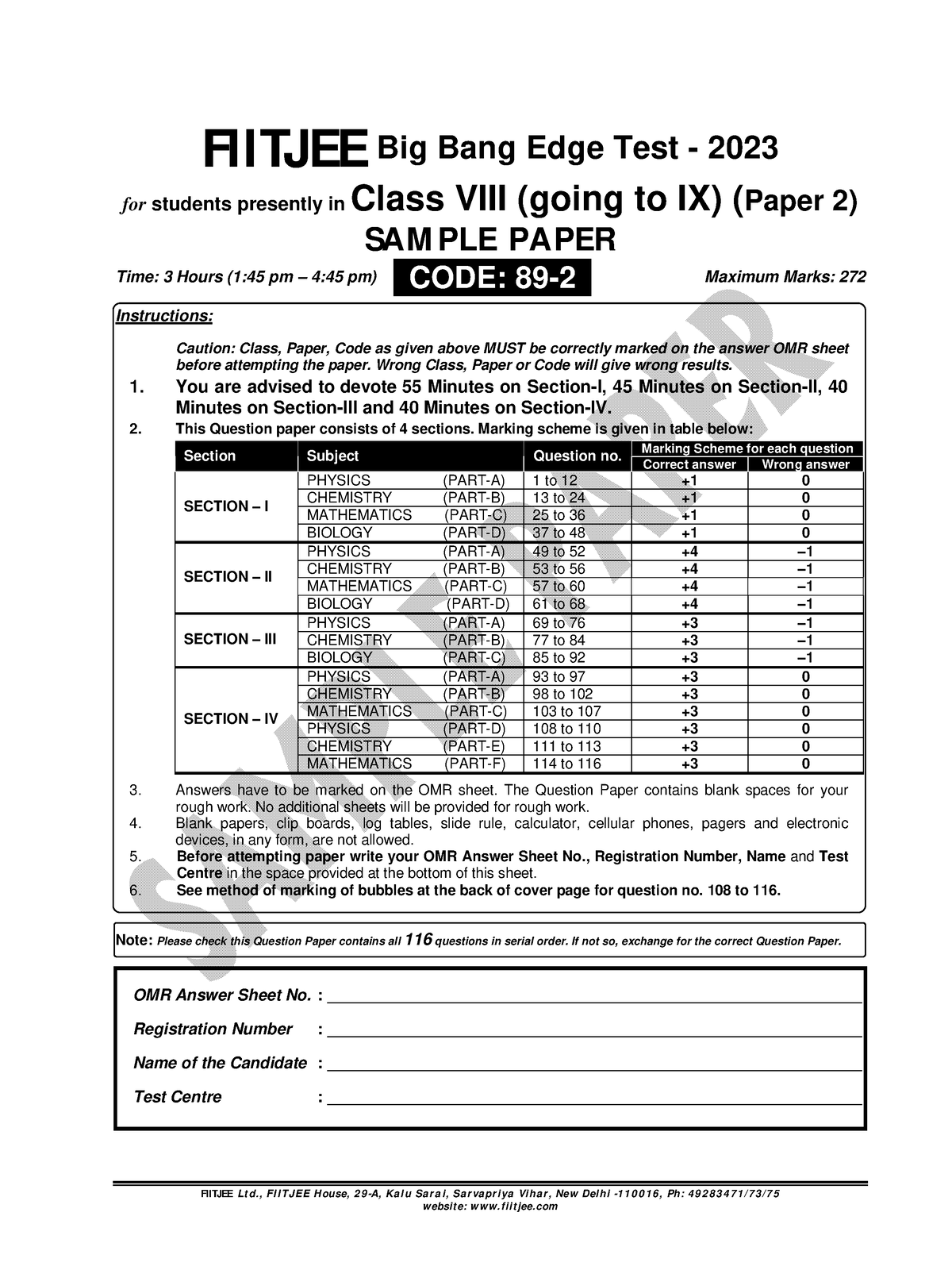 Sample Paper-BBE-2023- Class-VIII-P2-PCBM - FIITJEE Ltd., FIITJEE House ...