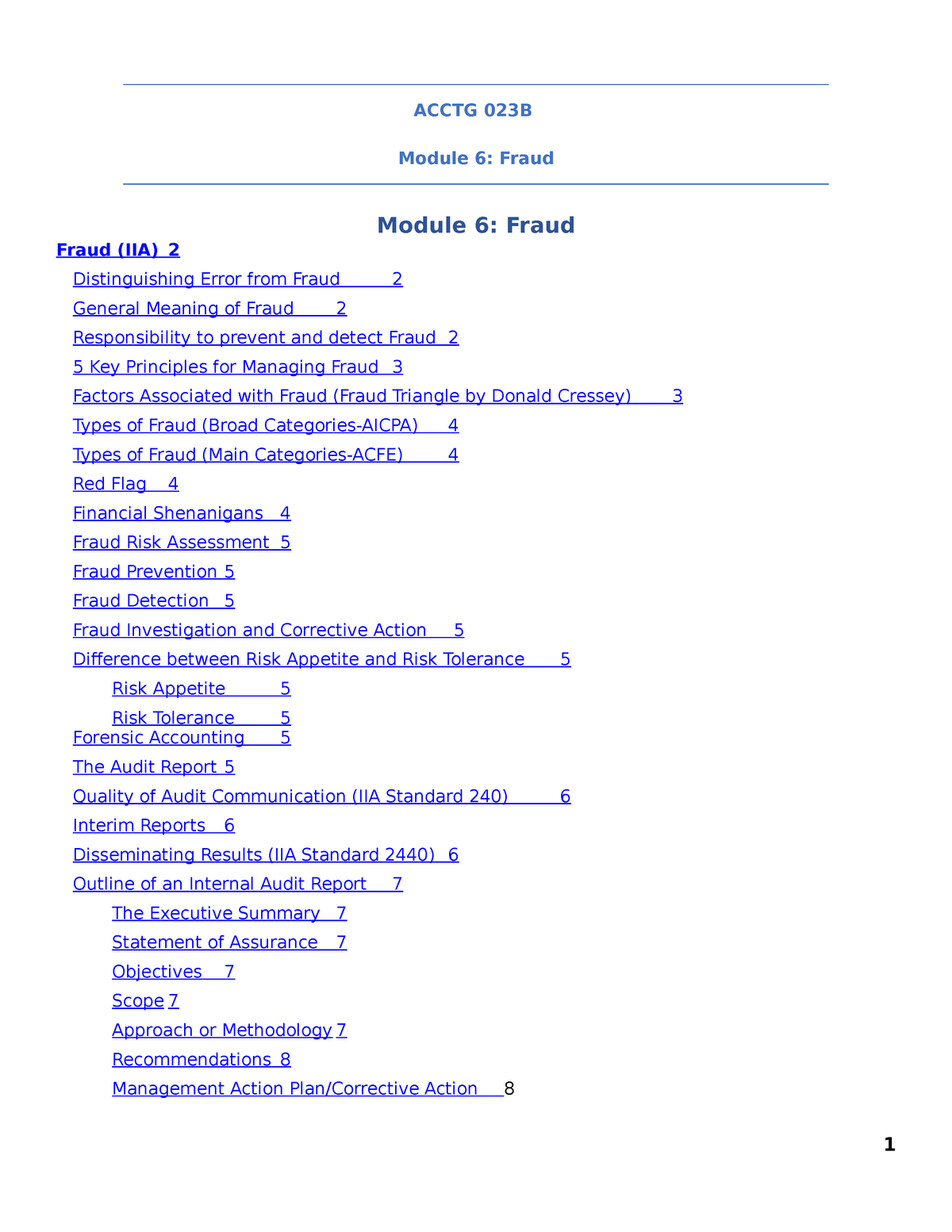 MODULE. 6 Fraud - ACCTG 023B Module 6: Fraud Fraud (IIA) Module 6 ...