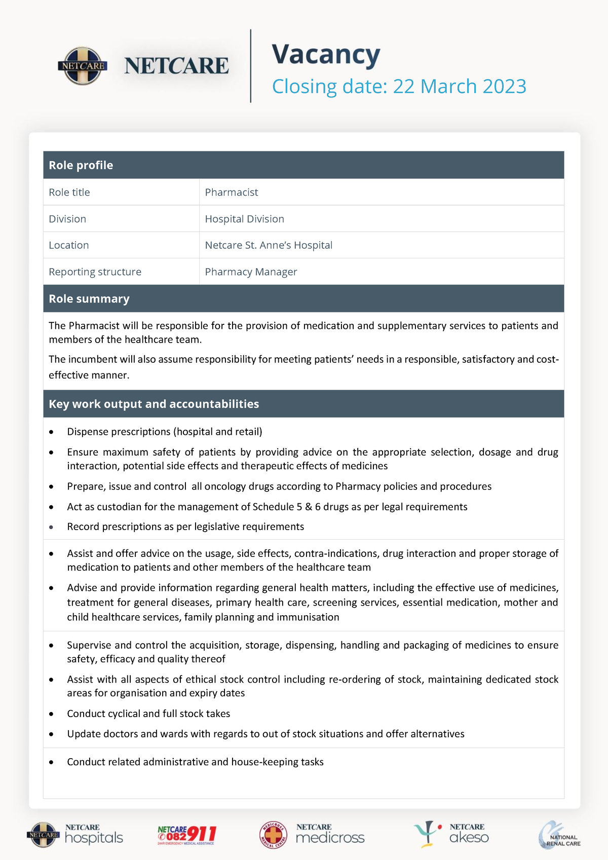 Netcare St.Anne's Hospital Pharmacist Vacancy CD 22 - Role profile Role ...