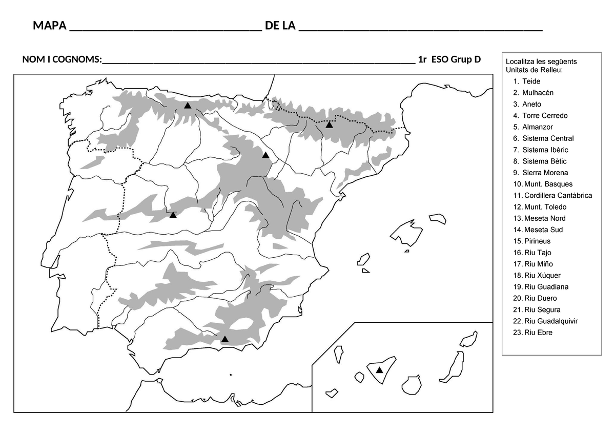 Exercici mapa fisic mut - Localitza les següents Unitats de Relleu: 1 ...