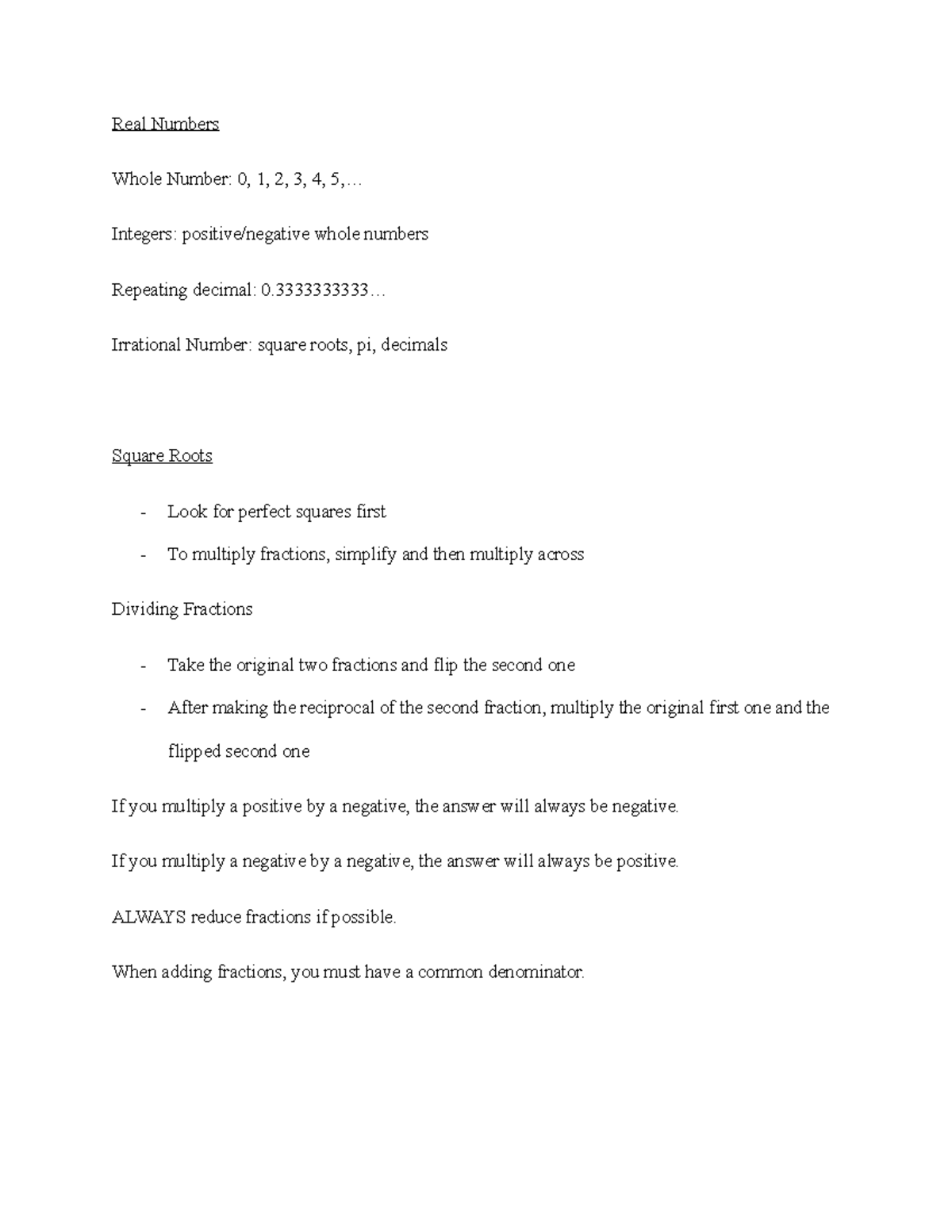 Math mod 3 - Lecture notes 3 - Real Numbers Whole Number: 0, 1, 2, 3, 4 ...