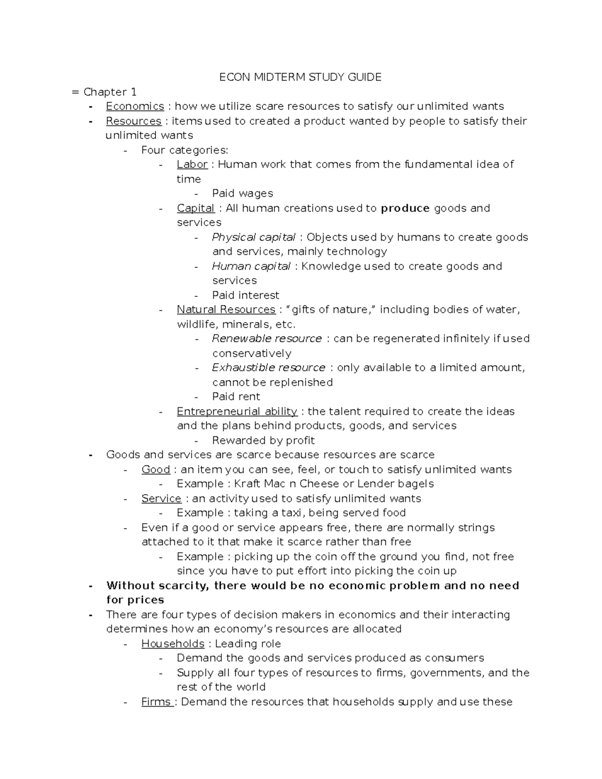 AP Econ Midterm Study Guide - ECON MIDTERM STUDY GUIDE = Chapter 1 ...