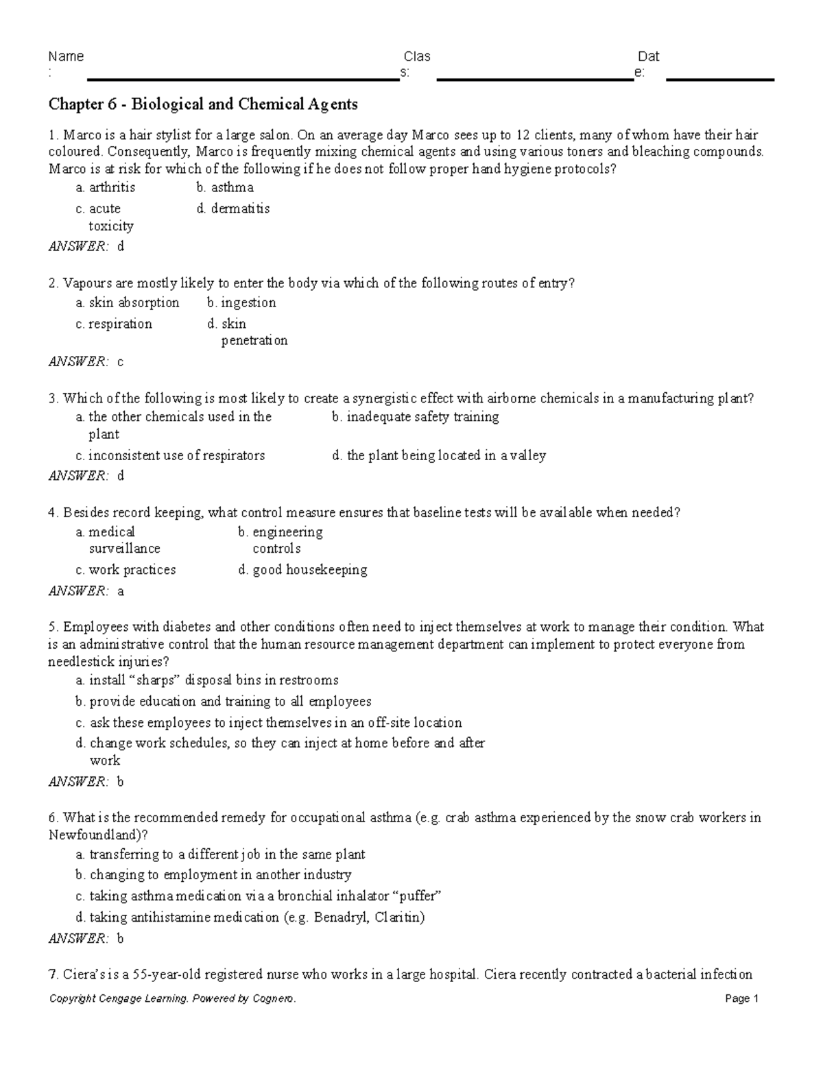 Chapter 6 Biological and Chemical Agents s e Chapter 6