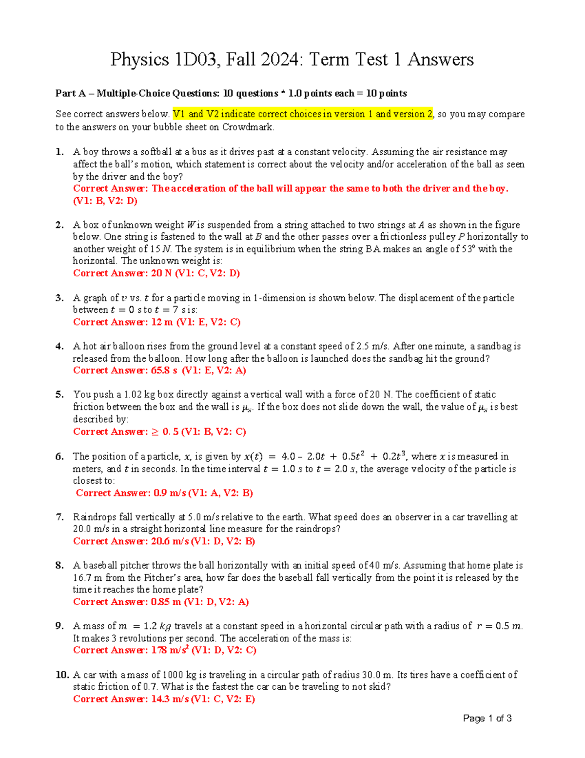 Test 1 Solutions for Students - Page 1 of 3 Physics 1D03, Fall 2024 ...