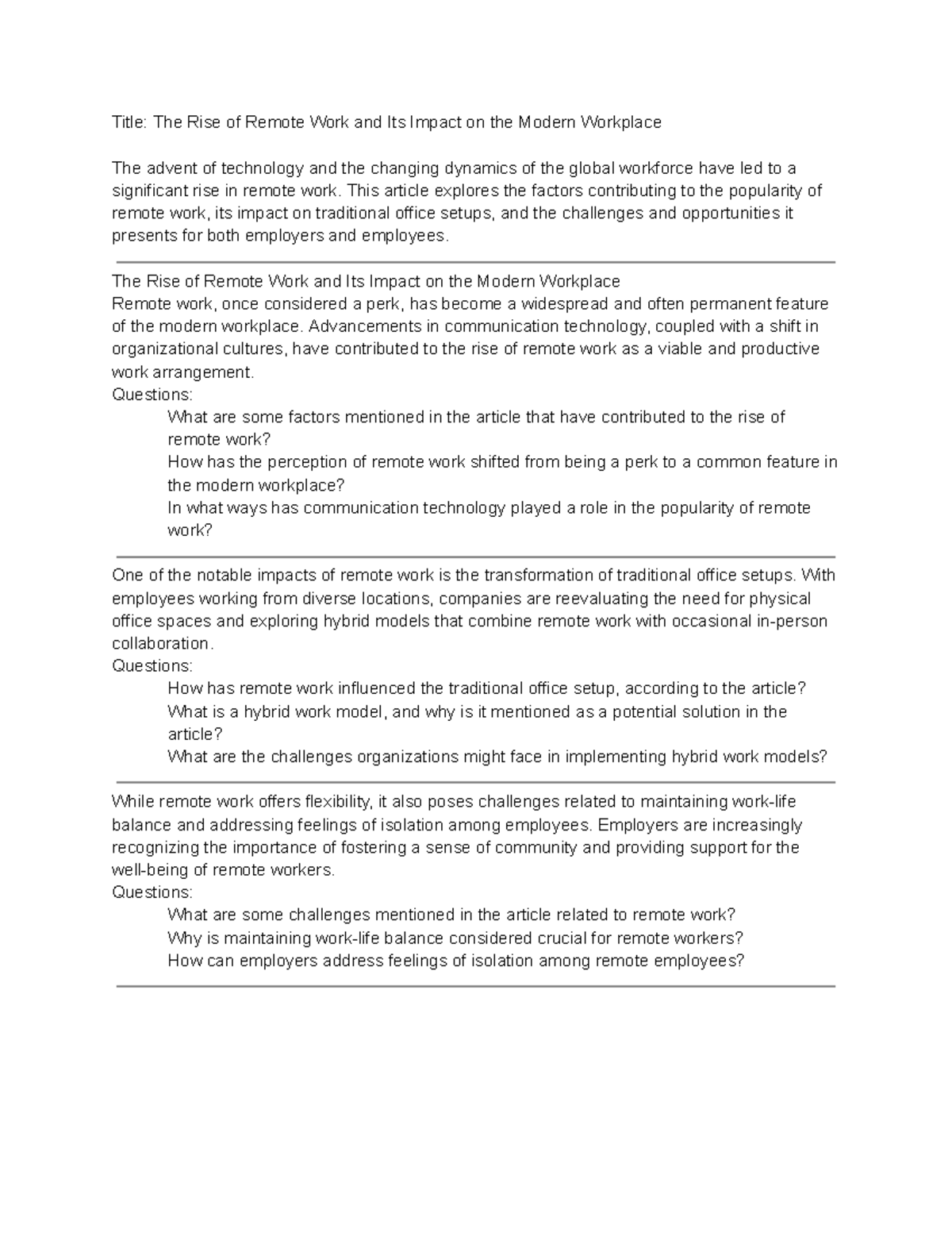Reading 3 - Title: The Rise of Remote Work and Its Impact on the Modern ...
