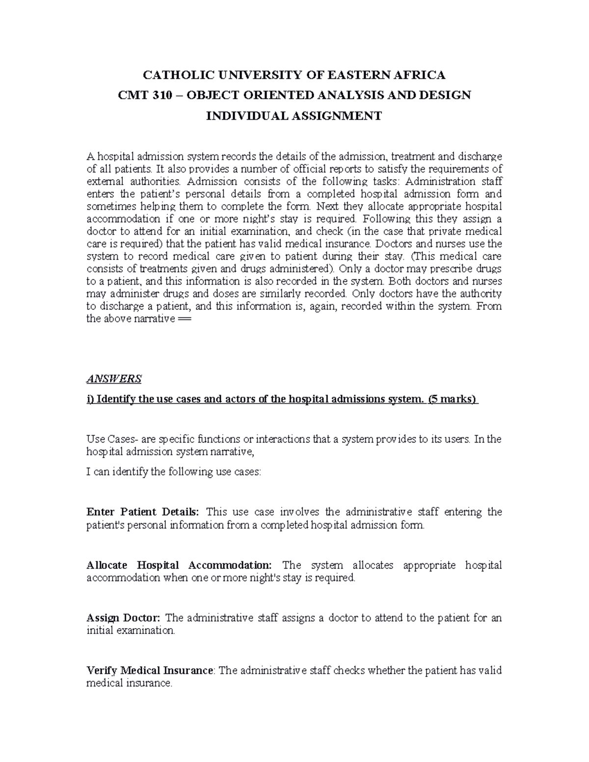 OOAD Assignment - CATHOLIC UNIVERSITY OF EASTERN AFRICA CMT 310 ...