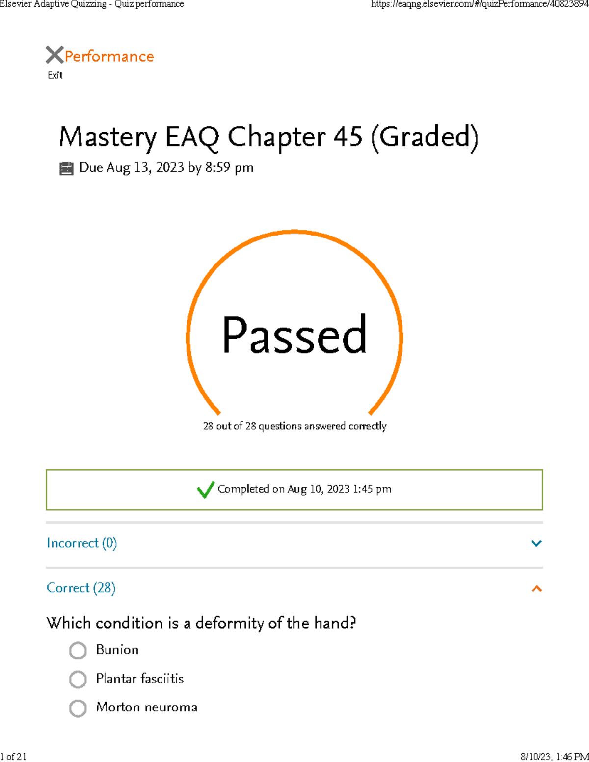 MS EAQ 45 chap Quiz performance Exit Performance Mastery EAQ Chapter 45 (Graded) Due Aug 13