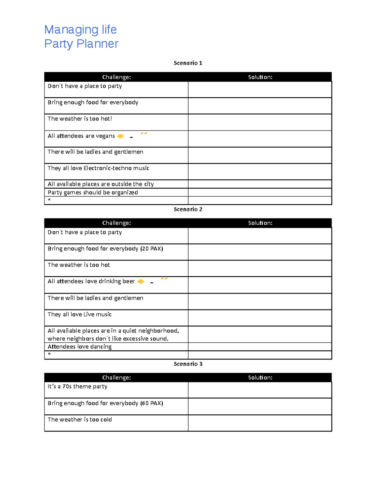 Level 3 - Unit 6 Worksheet A - Managing life Party Planner Scenario 1 ...