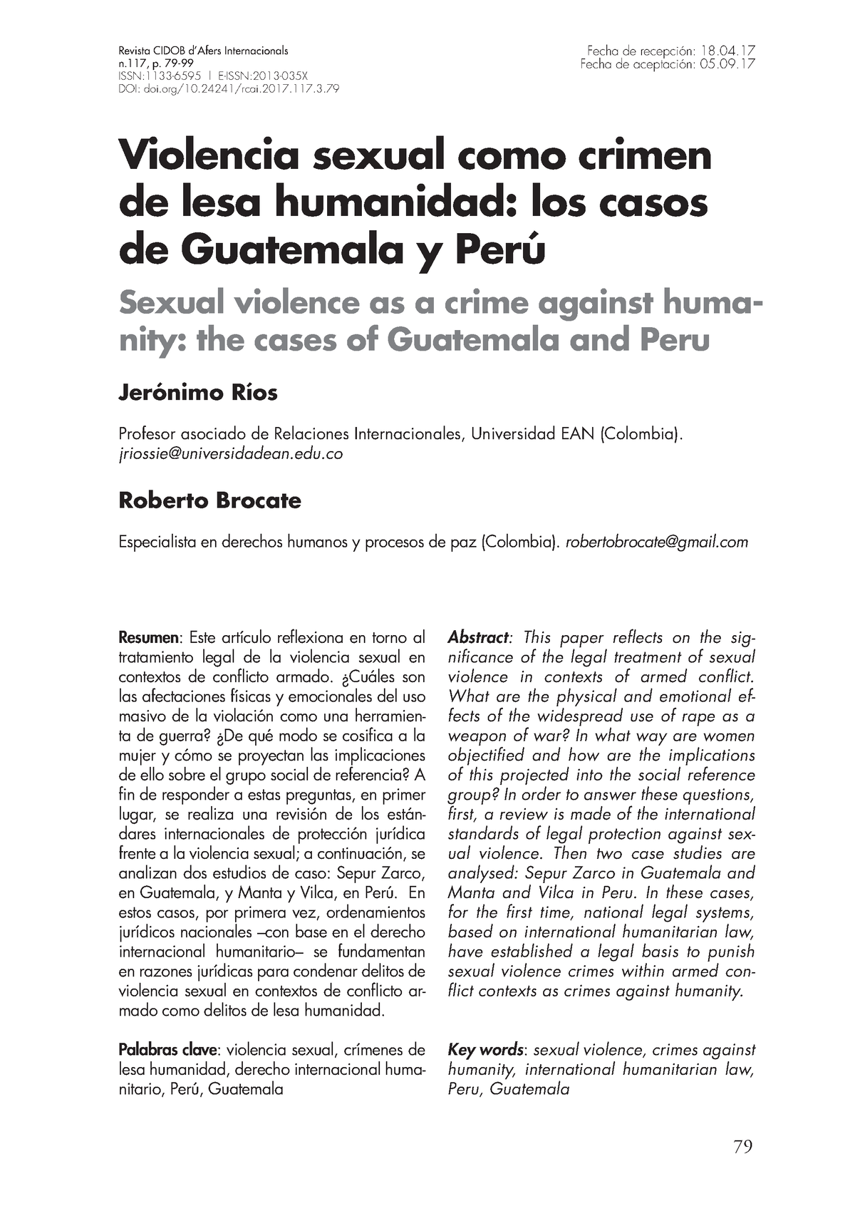 Violencia Sexual Como Crímen De Lesa Humanidad Revista Cidob Dafers Internacionals N P 79 4652