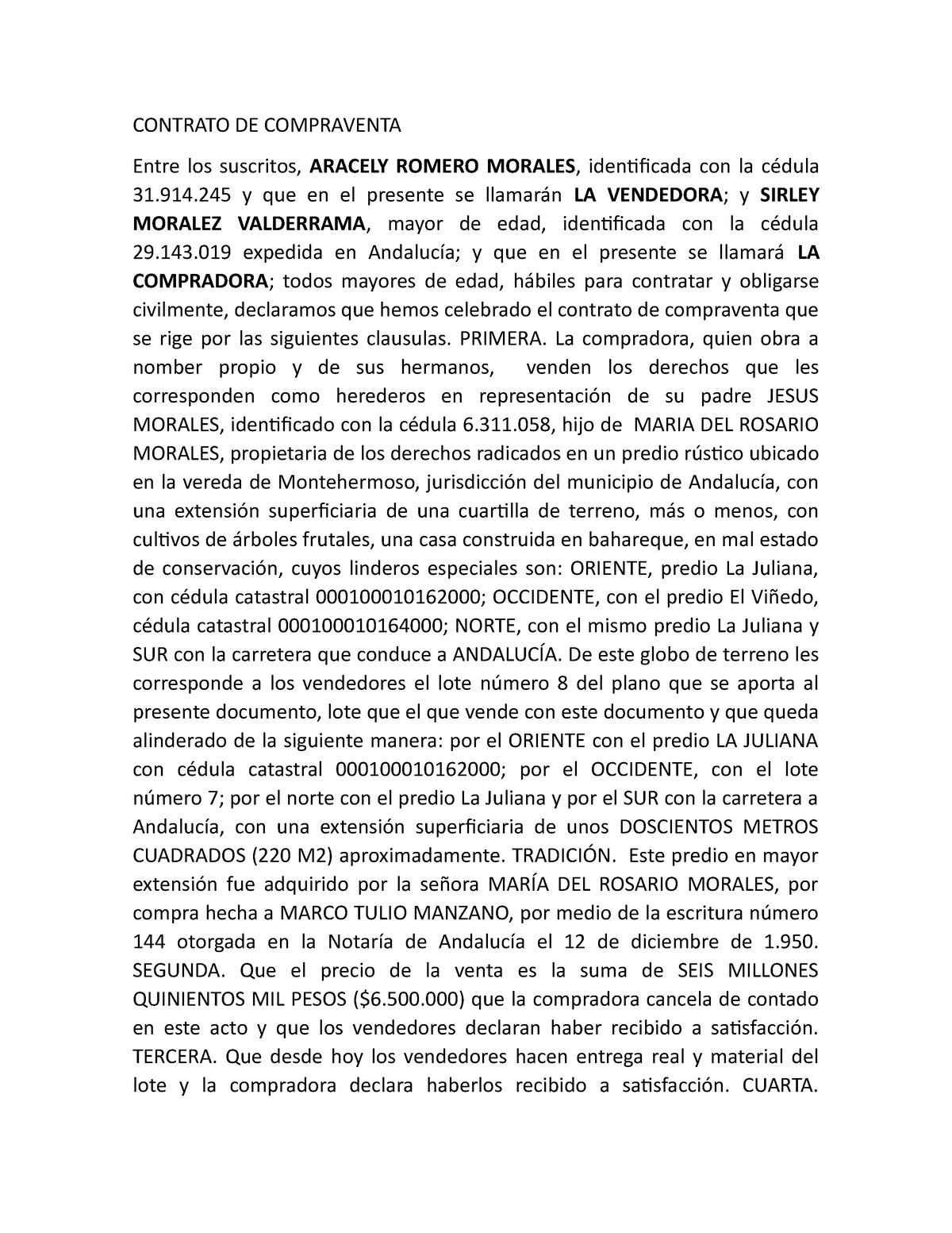 Contrato De Compraventa Lote 8 Contrato De Compraventa Entre Los Suscritos Aracely Romero 6478