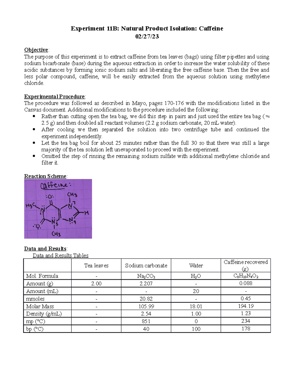 Caffeine Lab ReportSpring 2023 Experiment 11B Natural Product