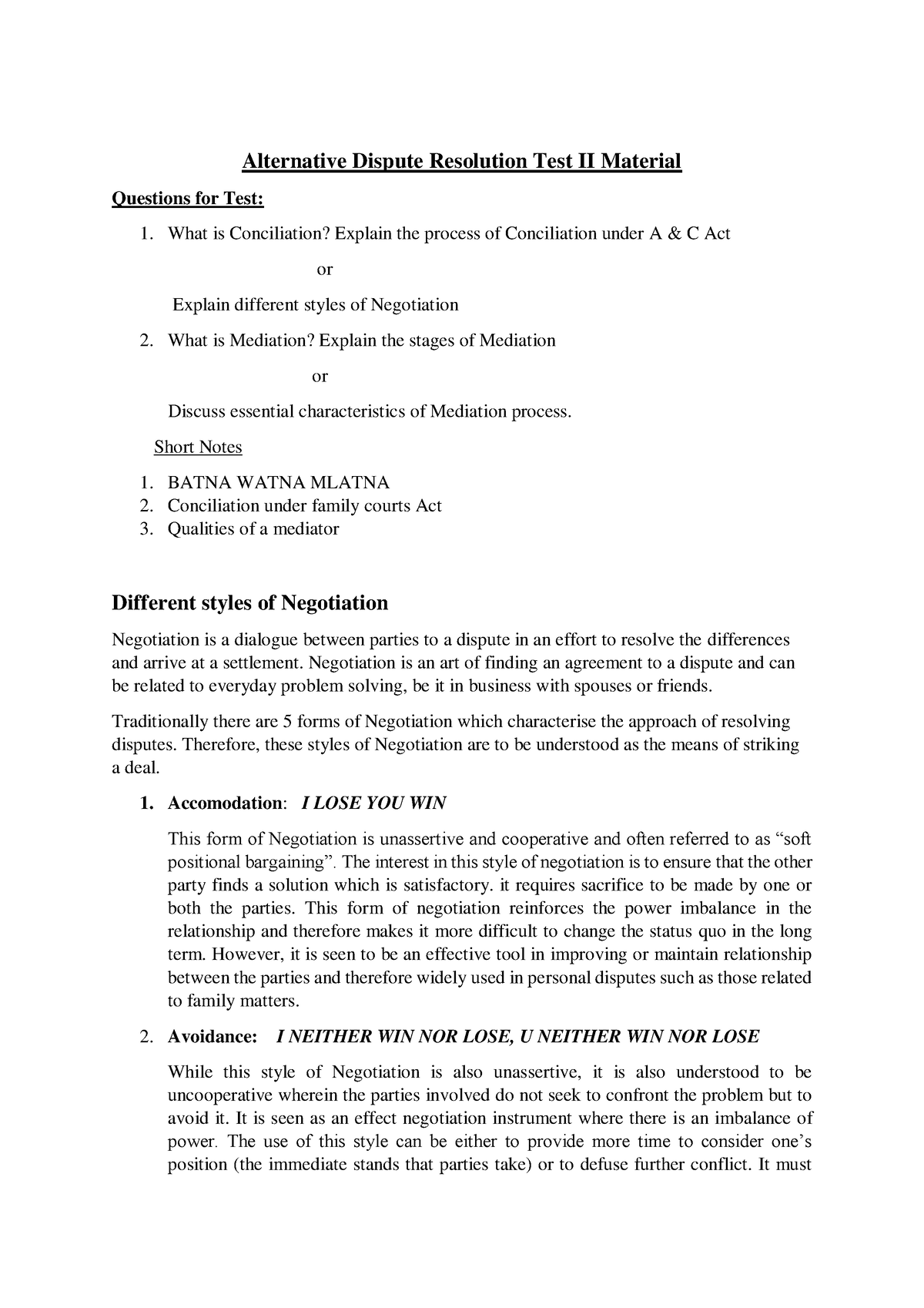ADR Test 2 Materials - Alternative Dispute Resolution Test II Material ...