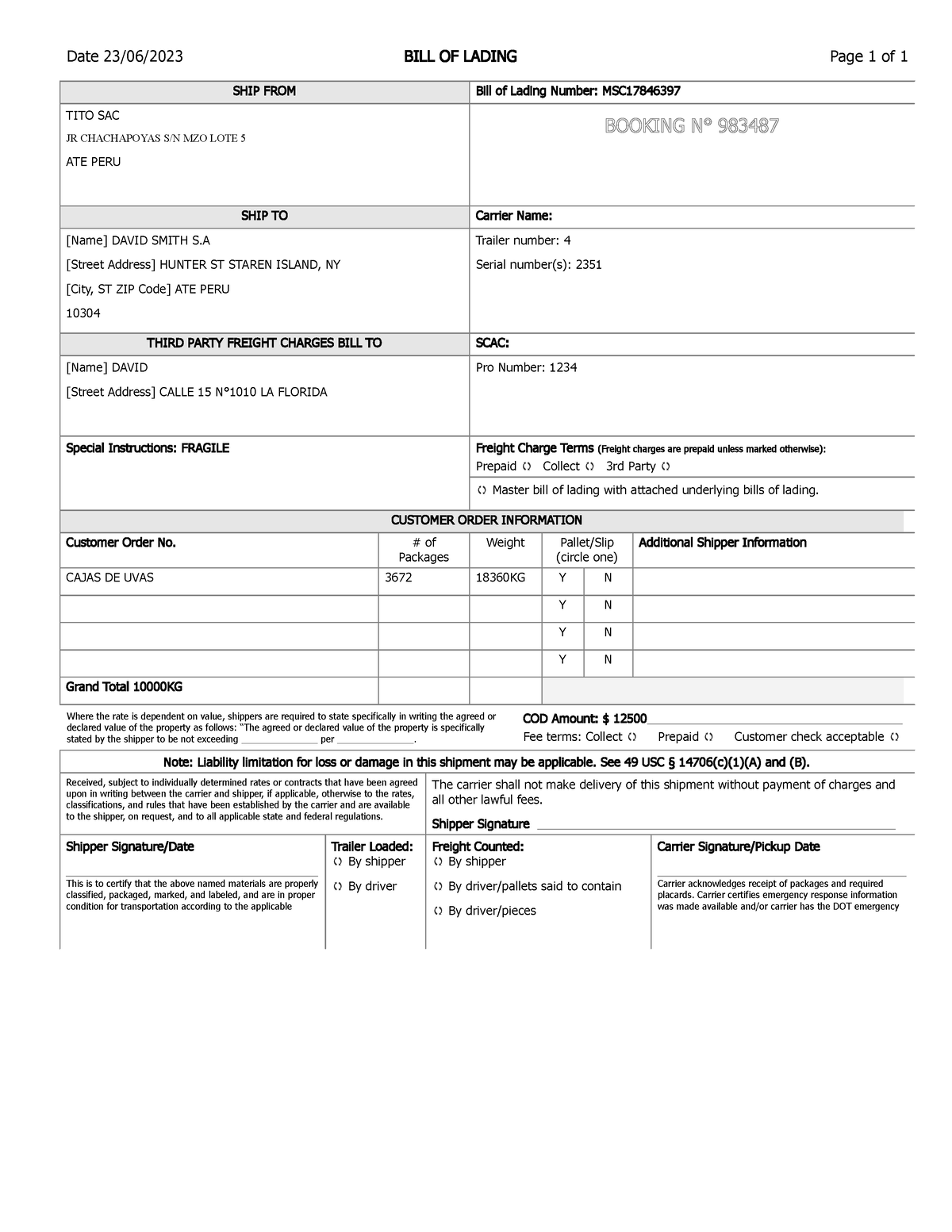 BILL OF nuevo (2) - ejemplo bill of lading - Date 23/06/2023 BILL OF ...