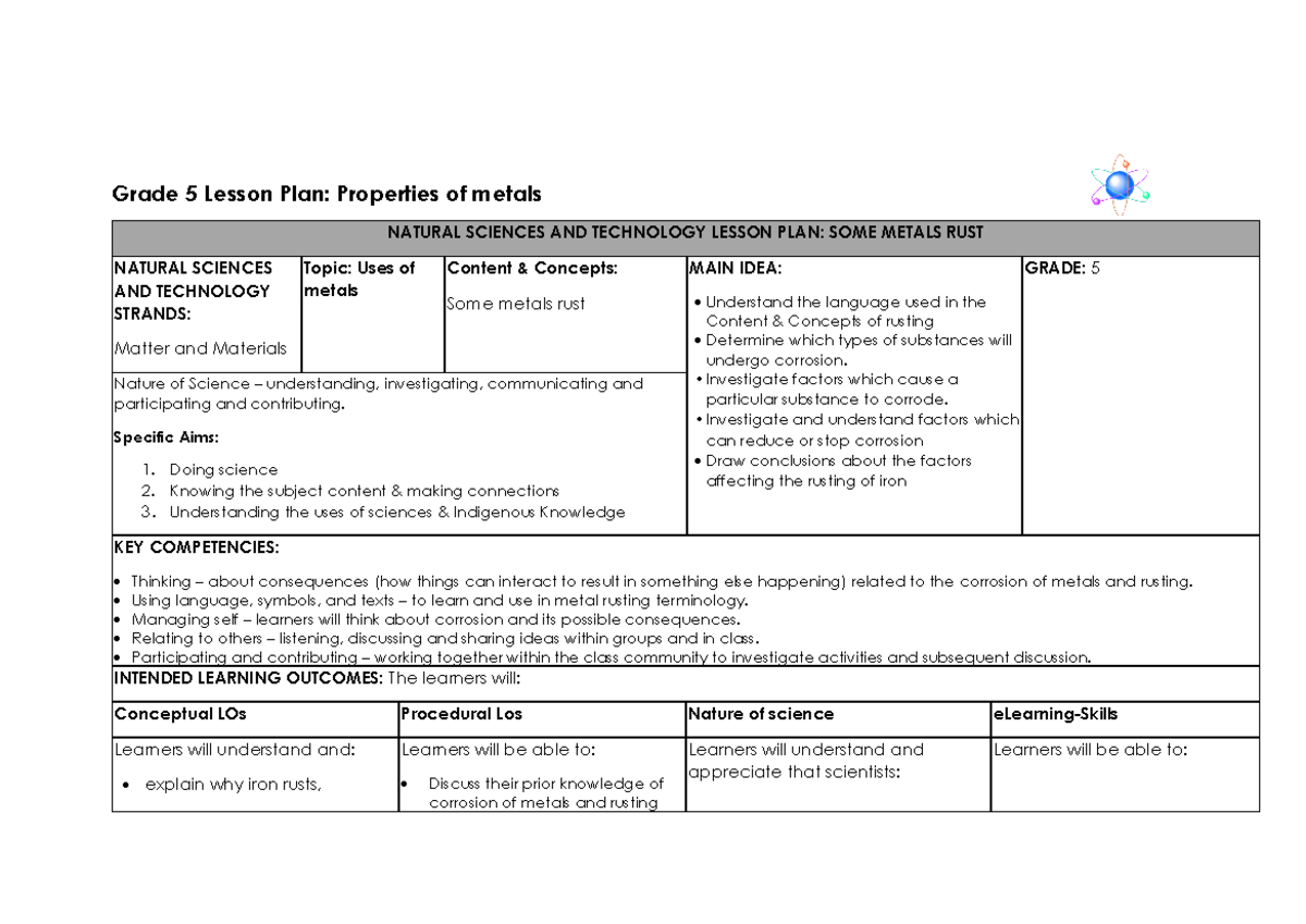 Grade 5 Lesson Plan Properties of metals Some metals rust Grade 5
