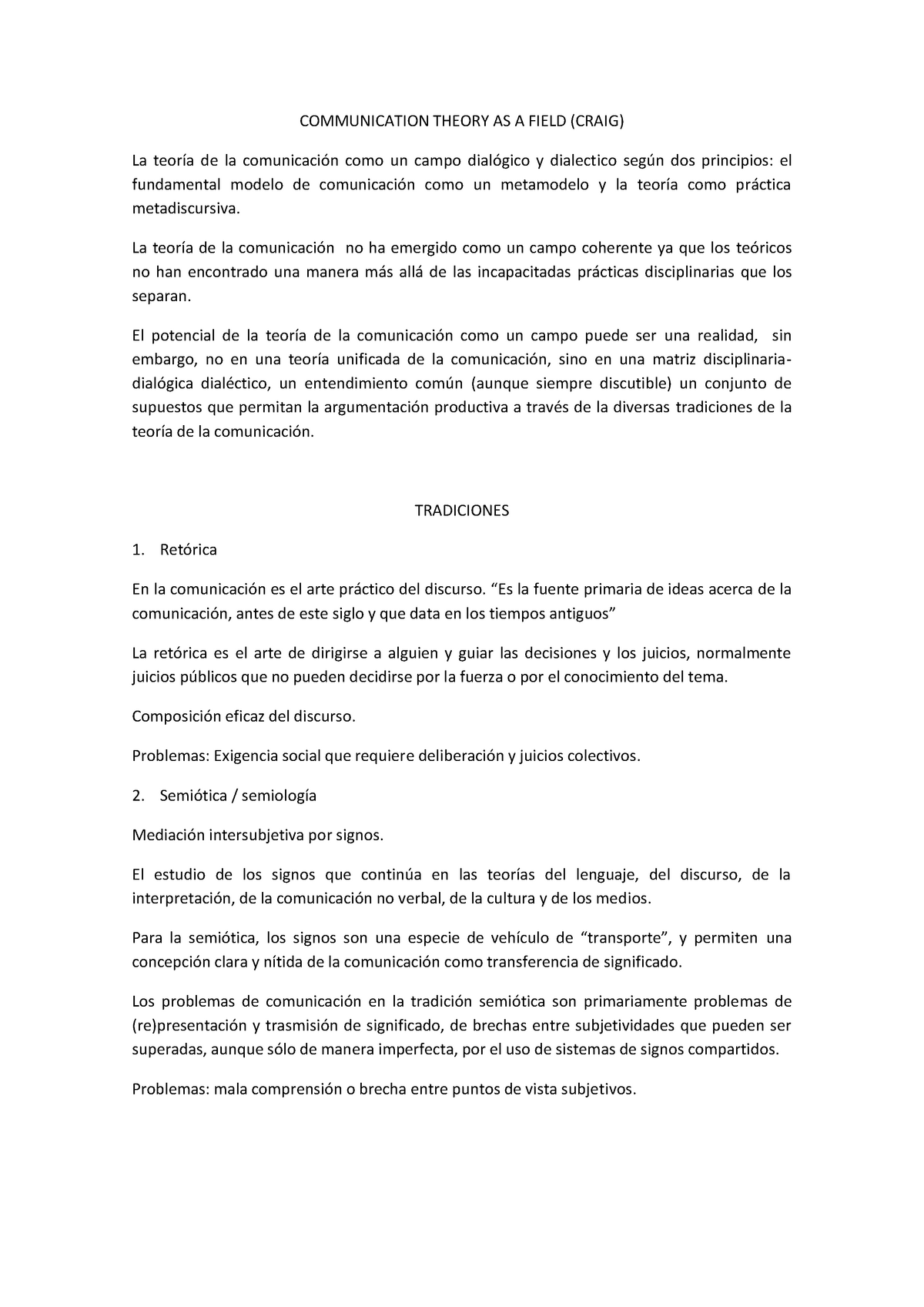 Resumen Lectura Craig Communication Theory As A Field Craig La De