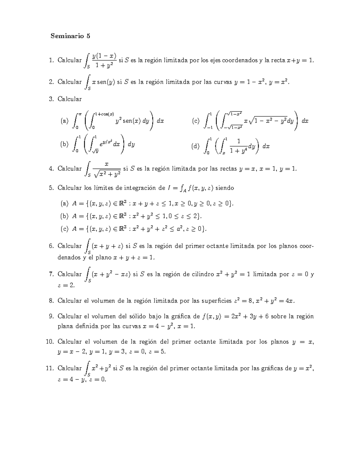 Seminario 5 - Medida Nula Ejerc - Seminario 5 Calcular ∫ S Y(1 − X) 1 ...