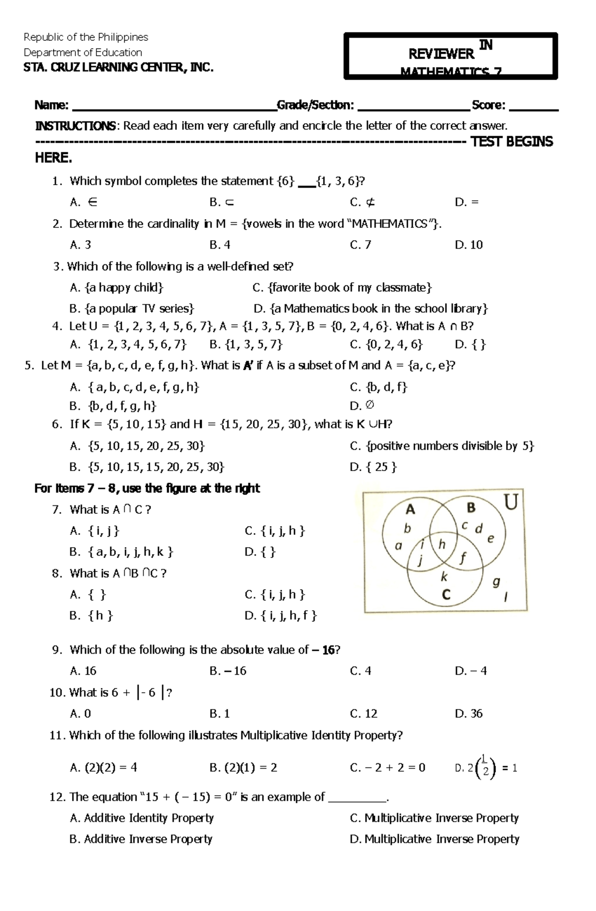 Math Summative Test - Republic of the Philippines Department of ...