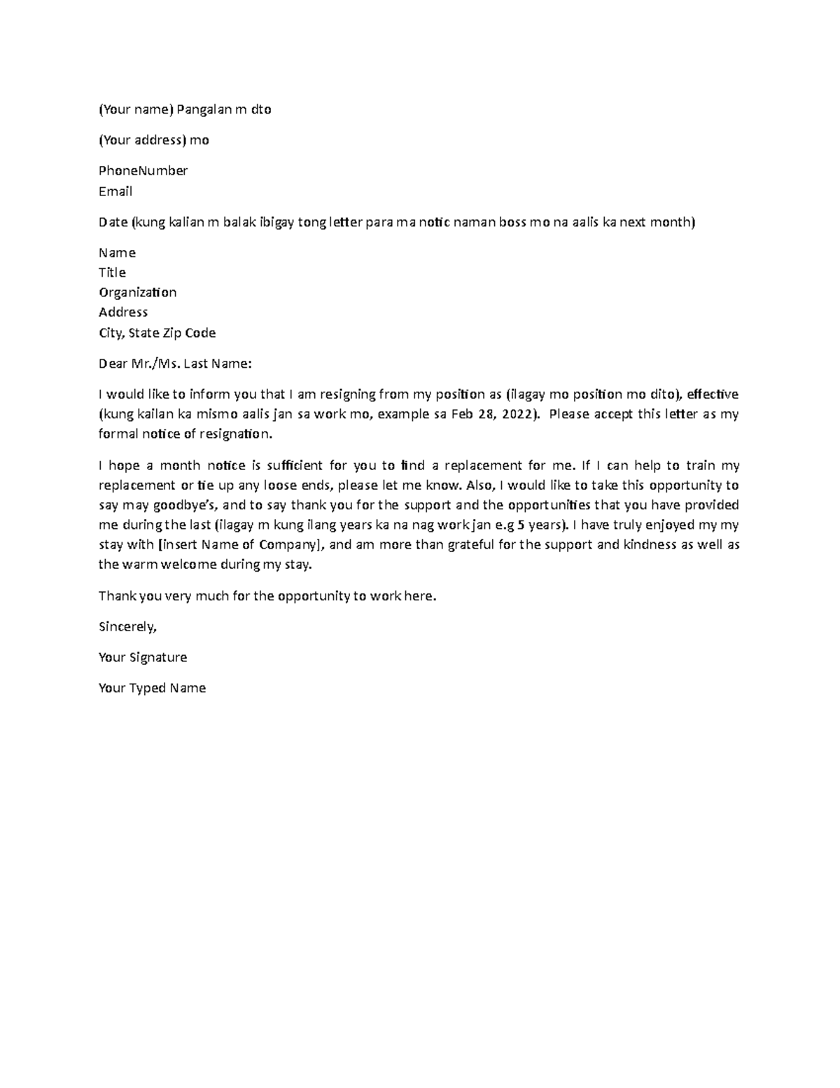 Resignation letter - Lecture notes 1 - (Your name) Pangalan m dto (Your ...