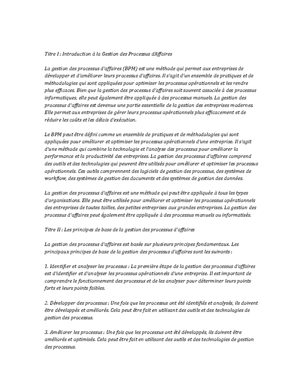 Business Process Management note study - Titre I : Introduction à la ...