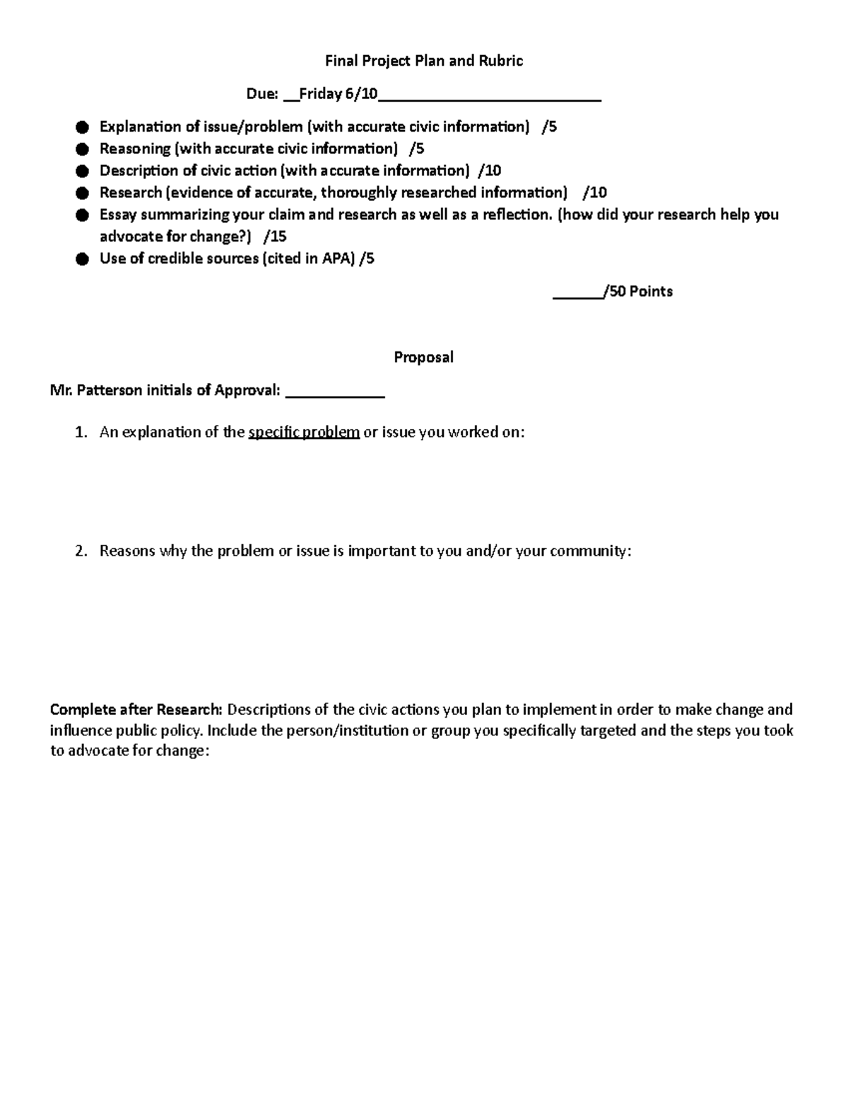 Final Government Project - Final Project Plan and Rubric Due: Friday 6/ ...