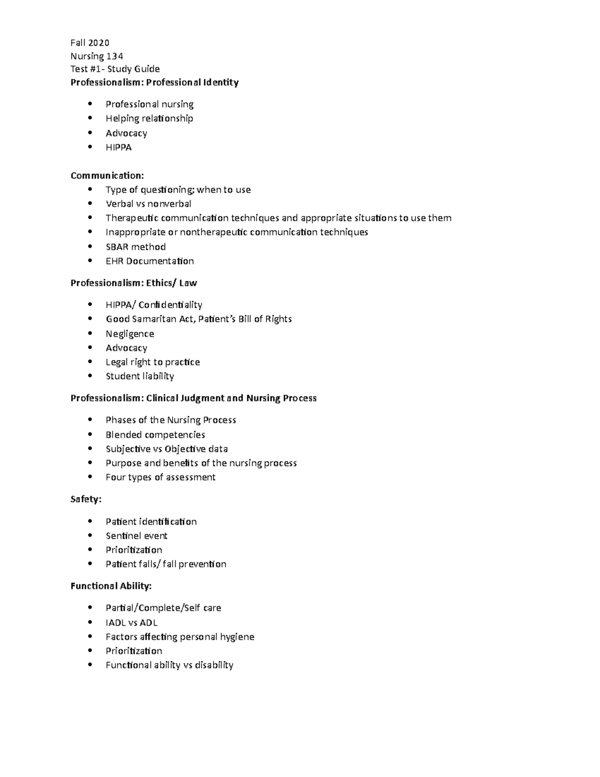 Test 1 study guide draft - Fall 2020 Nursing 134 Test #1- Study Guide ...