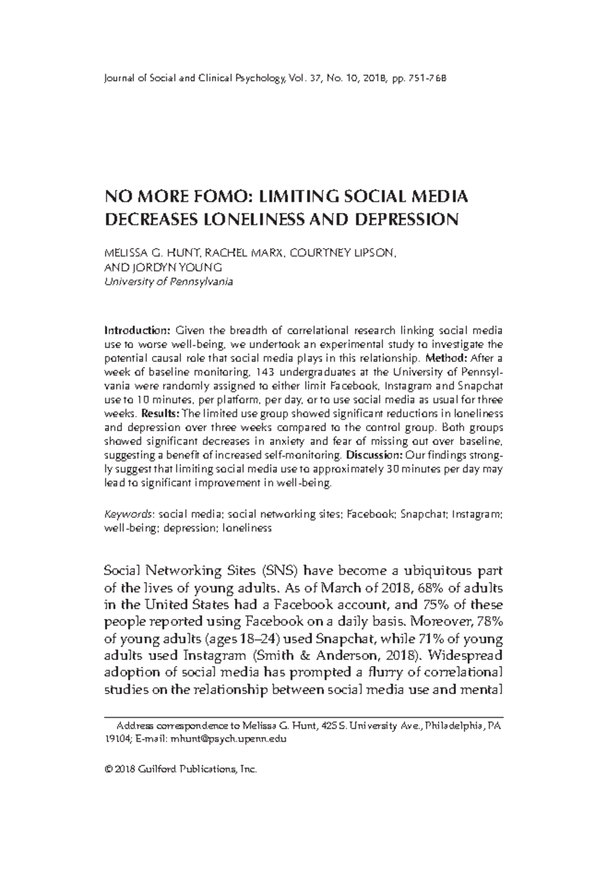 Hunt et al 2018 no more fomo limiting social media decreases loneliness ...