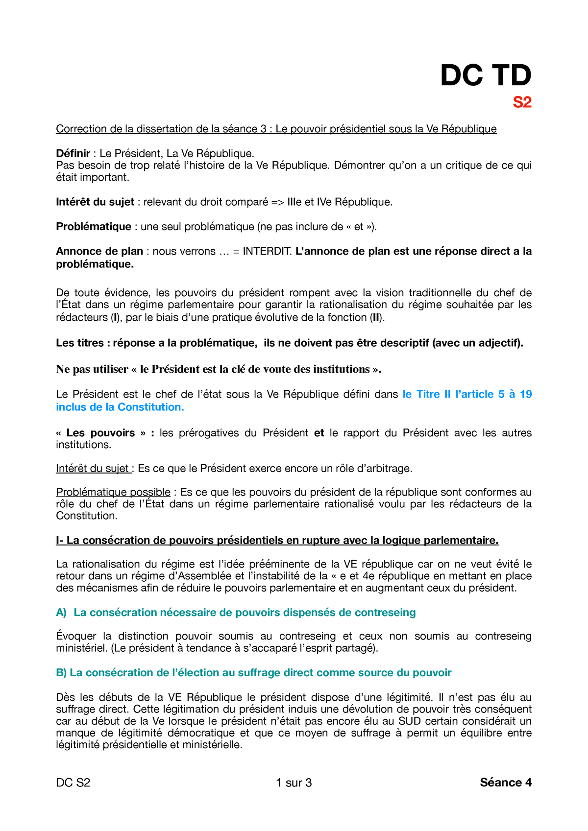 Le Pouvoir Pr Sidentiel Sous La Ve R Publique Dc Td S Correction De La Dissertation De La