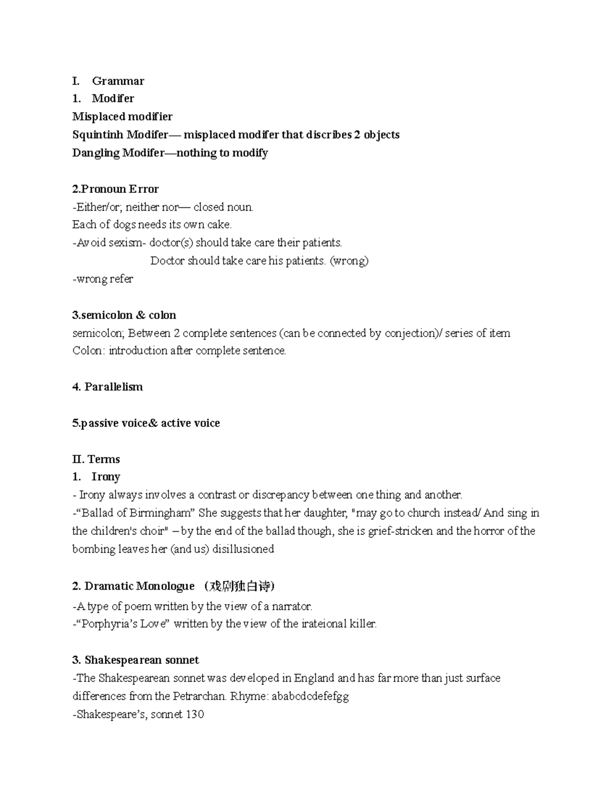 ENG100-20 terms - **I. Grammar Modifer Misplaced modifier Squintinh ...