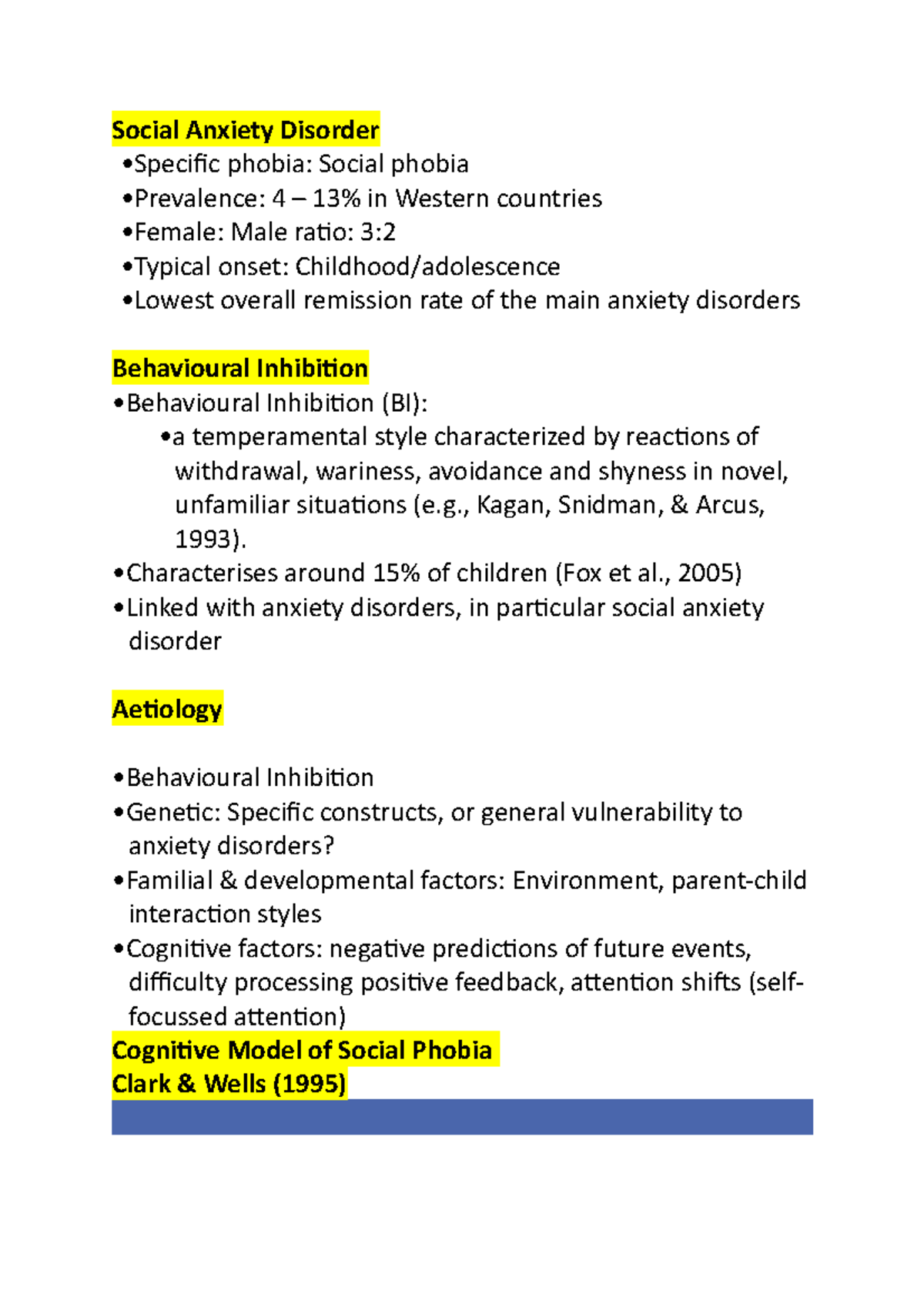 Social Anxiety - Lecture notes 5 - Social Anxiety Disorder •Specific ...