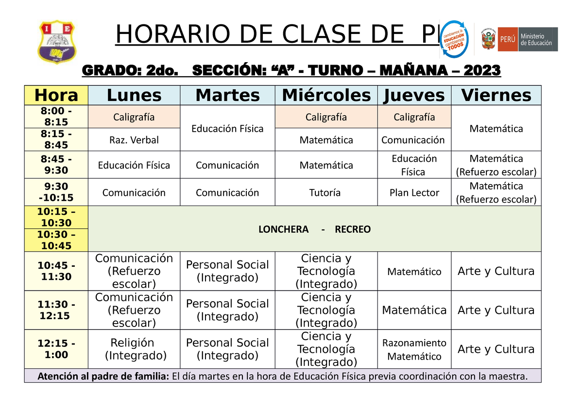 Horario 2 A Corregido - HORARIO DE CLASE DE PRIMARIA GRADO: 2do ...