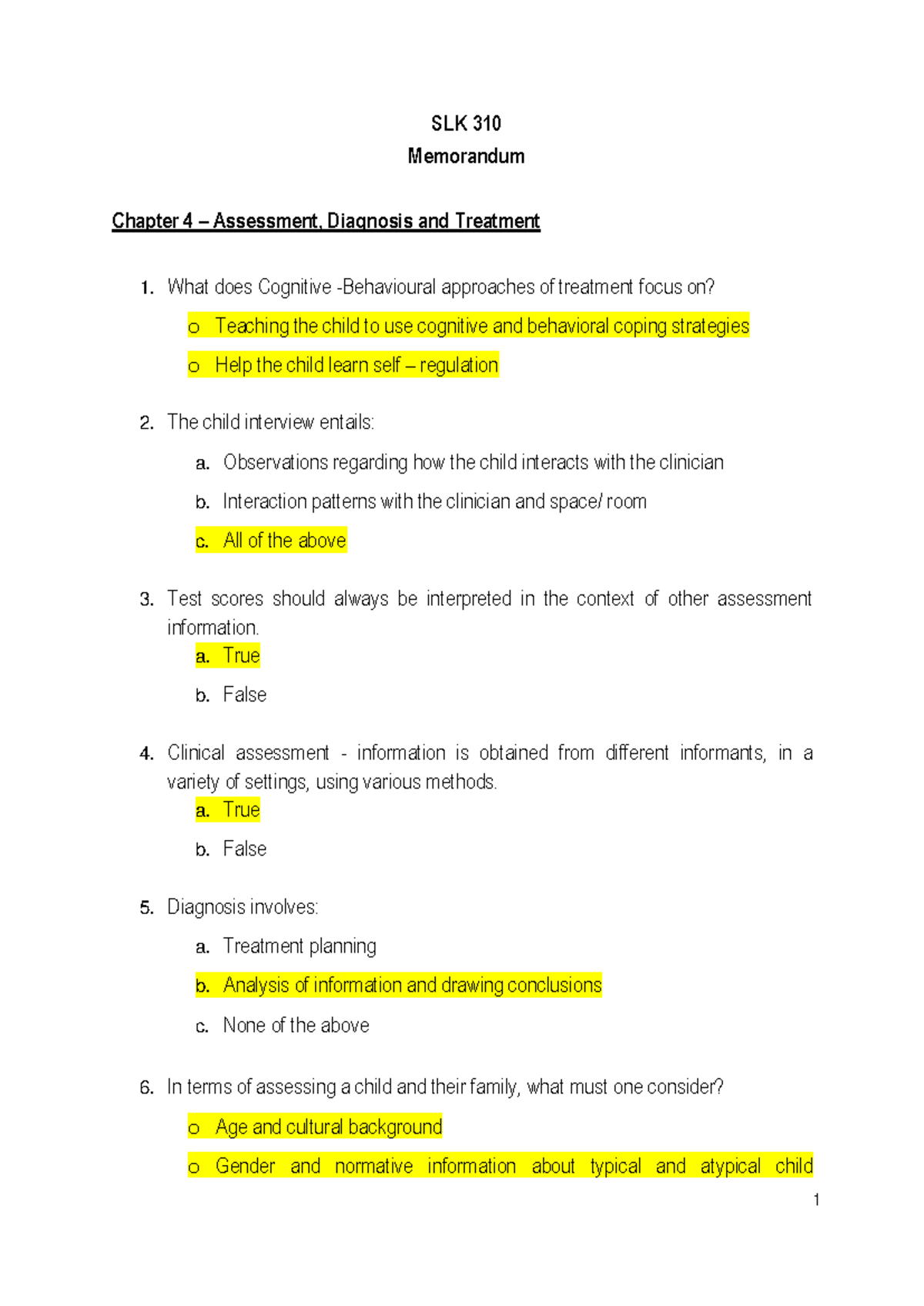 Chapter 4 Memo Assessment, Diagnosis and Treatment - 1 SLK 310 ...