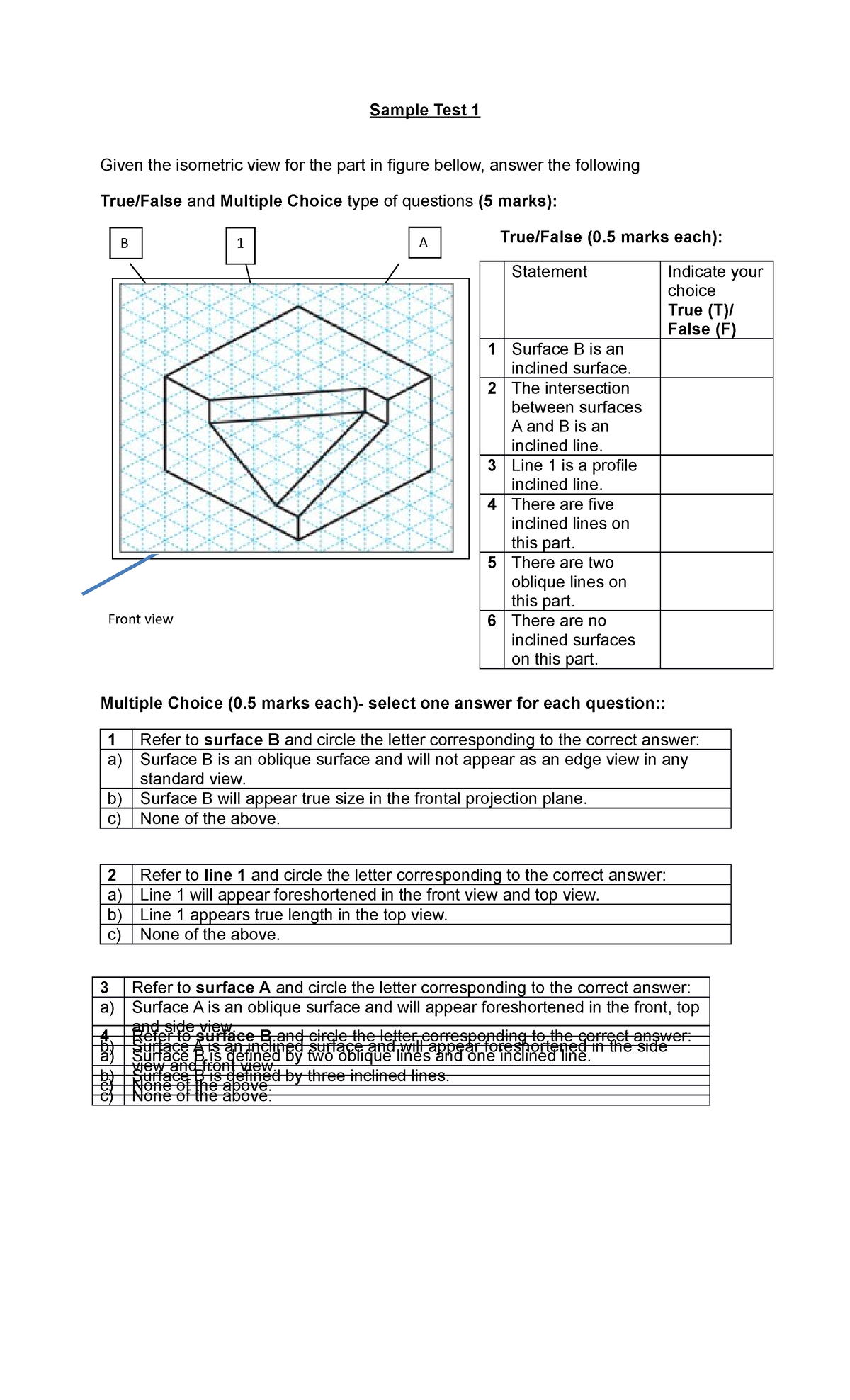 Sample Test 1 - B) Surface B Will Appear True Size In The Frontal ...