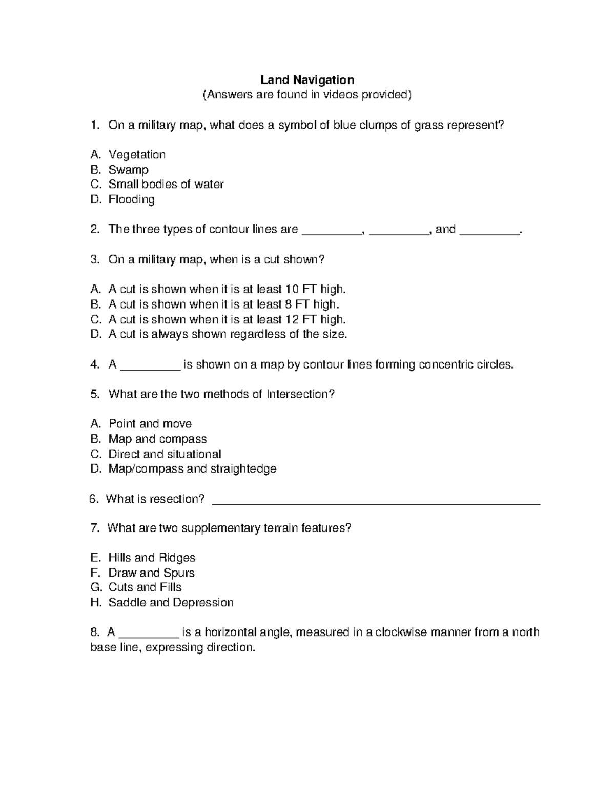 Day 1 Land Navigation Test V Land Navigation (Answers are found in