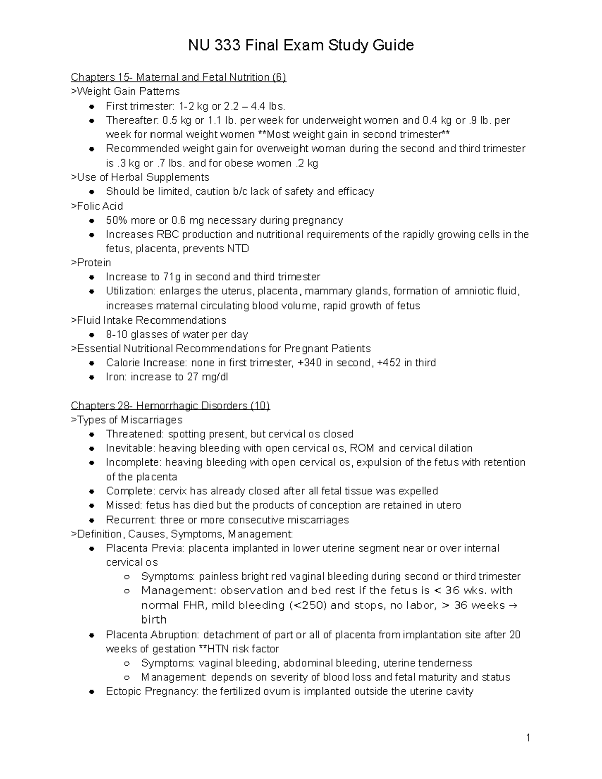 Final Study Guide - NU 333 Final Exam Study Guide Chapters 15- Maternal ...