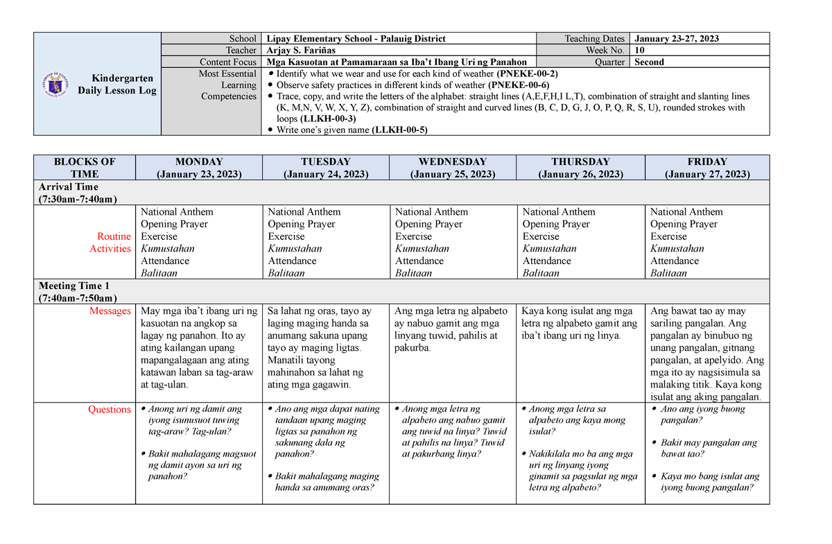 Kindergarten Dll Melc Q2 Week 10 Asf Kindergarten Daily Lesson Log School Lipay Elementary 9257