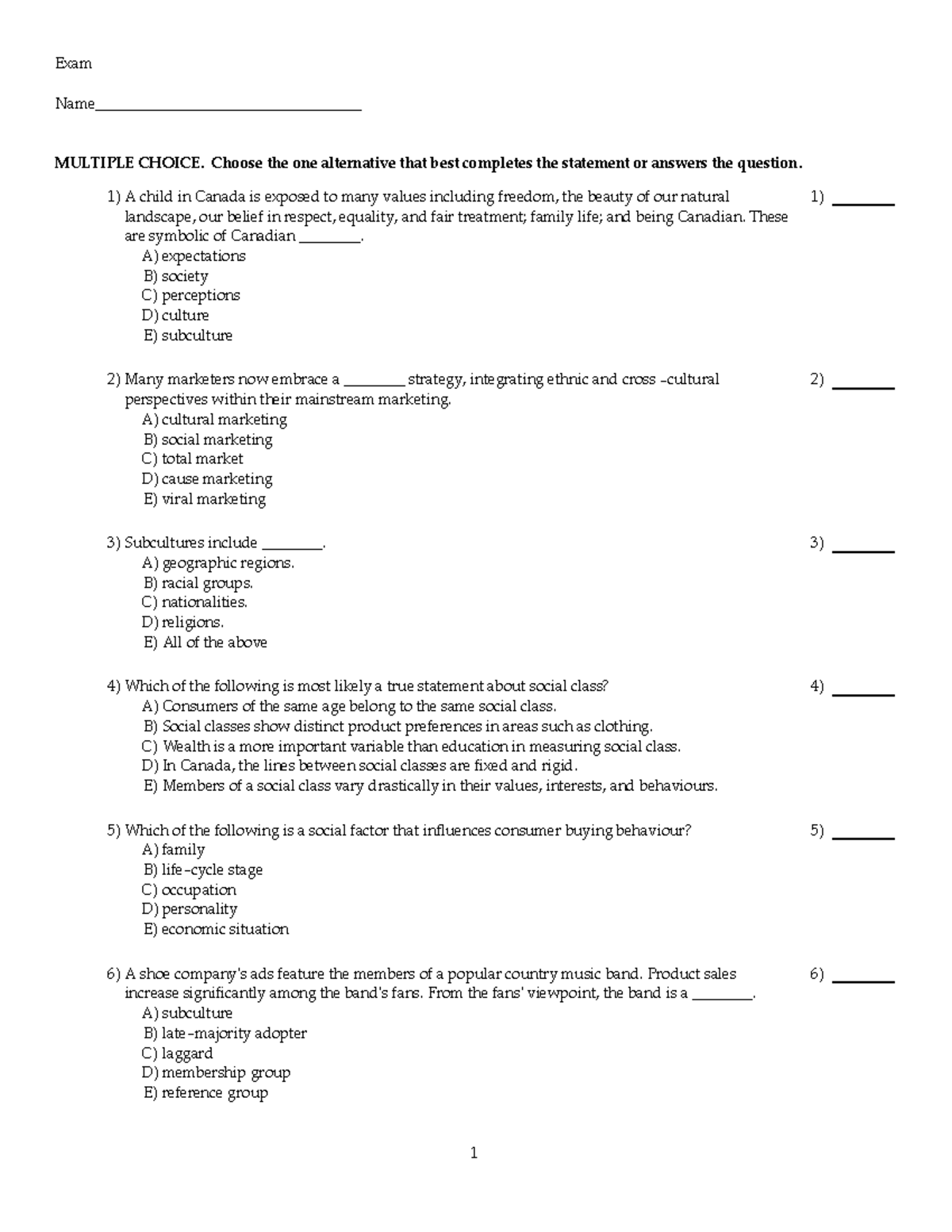 Chapter 5 Multiple Choice And Short Questions - Exam Name