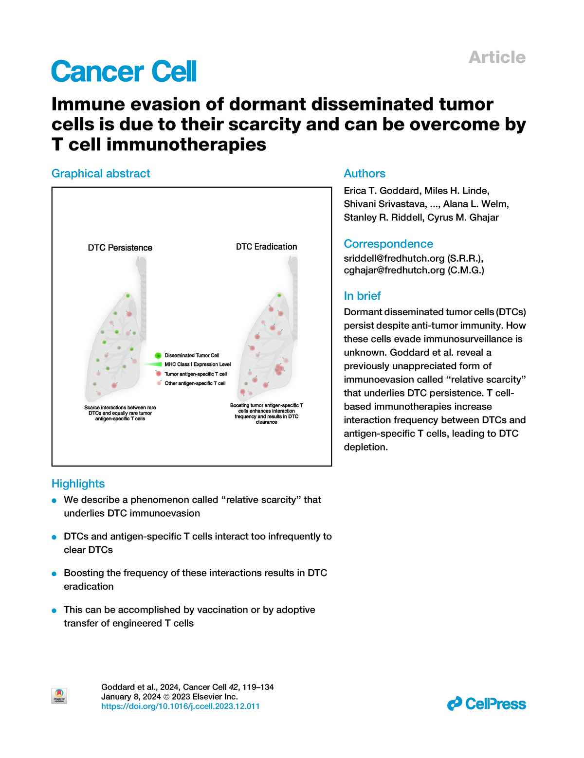 Tumor dormancy due to immune separation Cancer Cell 2024 - Article ...