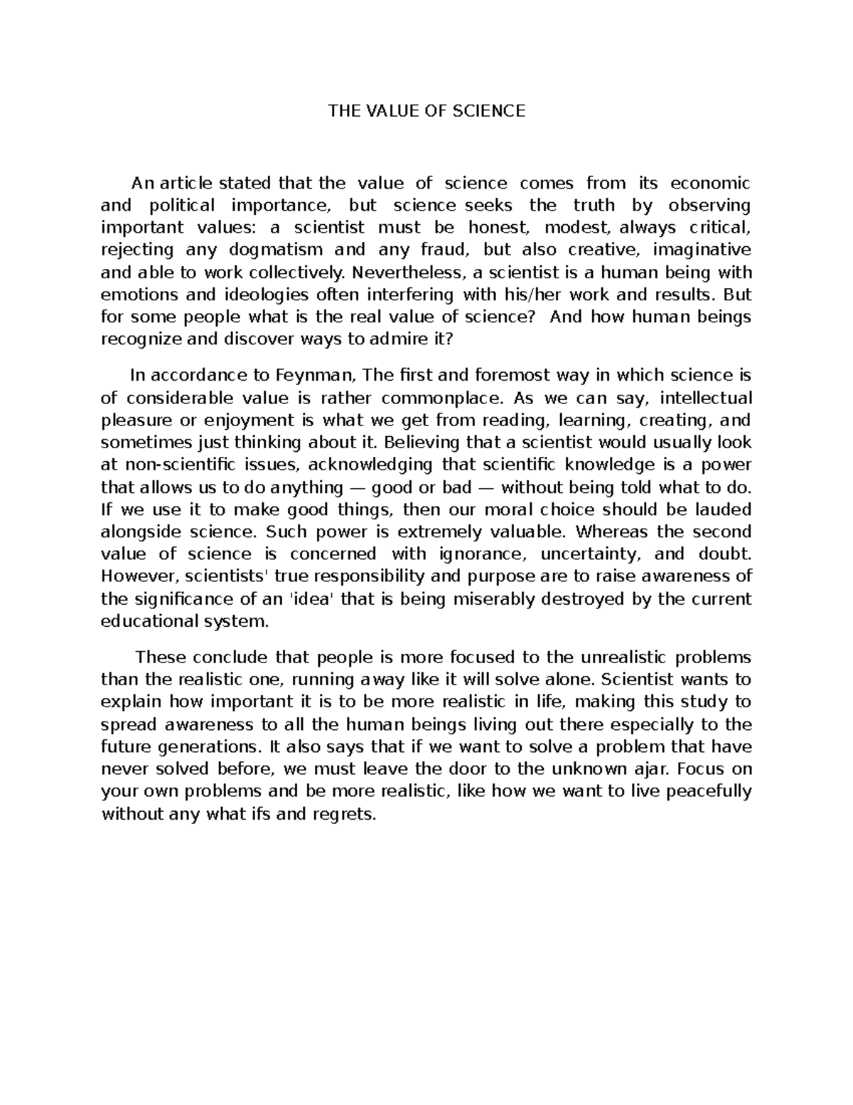 THE Value OF Science Activity THE VALUE OF SCIENCE An article