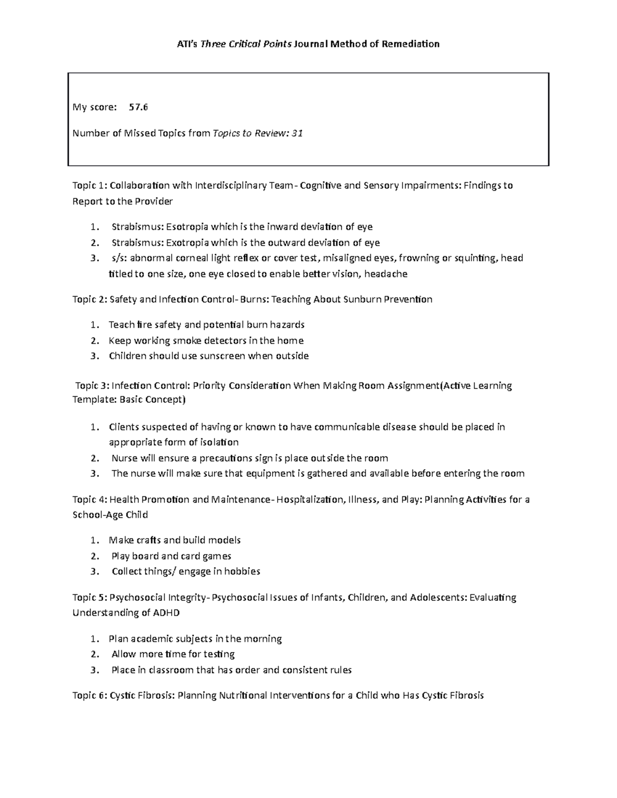 Peds Remidiation B - Peds Ati B Remediation - My Score: 57. Number Of ...