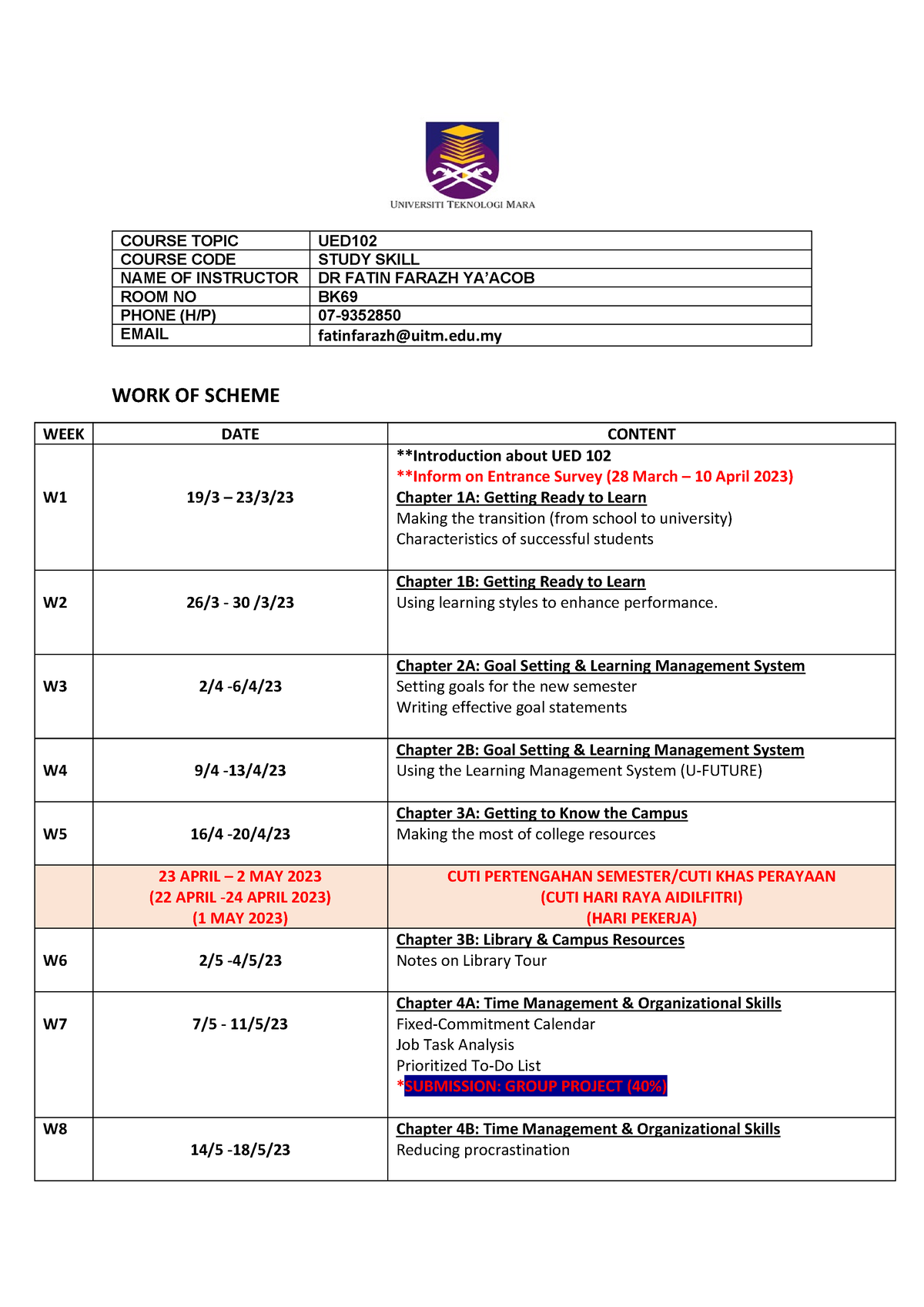 Lesson PLAN UED102 - WORK OF SCHEME WEEK DATE CONTENT W1 19/3 – 23/3 ...