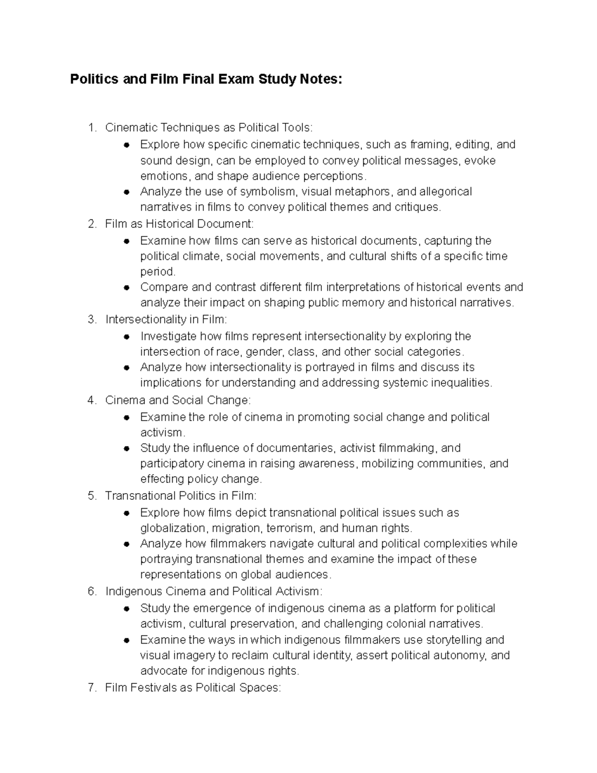 Politics and film Final Exam Study Notes Politics and Film Final Exam